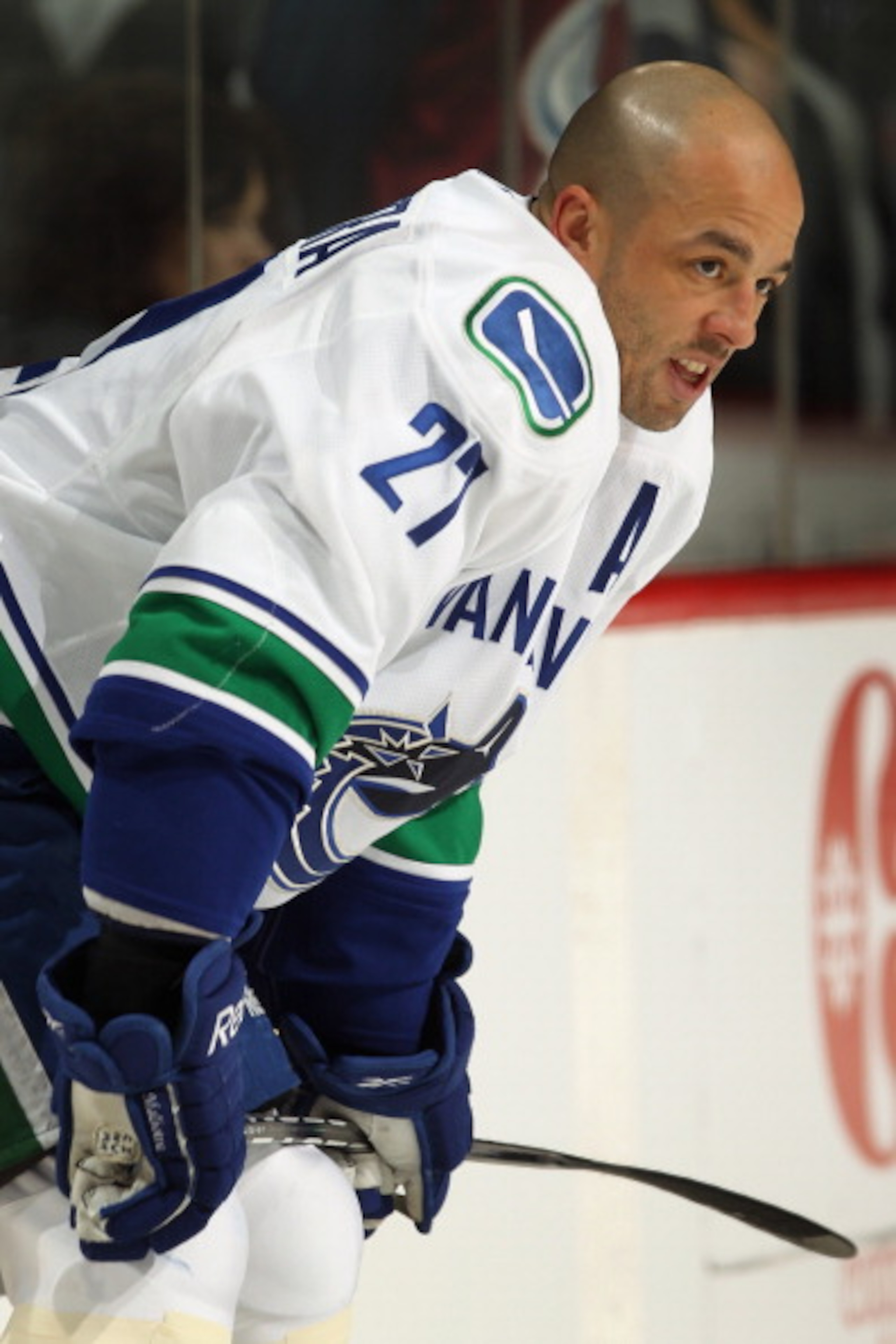 DENVER, CO - JANUARY 18:  Manny Malhotra #27 of the Canucks warms up prior to facing the Colorado Avalanche at the Pepsi Center on January 18, 2011 in Denver, Colorado. The Avalanche defeated the Canucks 4-3 in overtime.  (Photo by Doug Pensinger/Getty Im