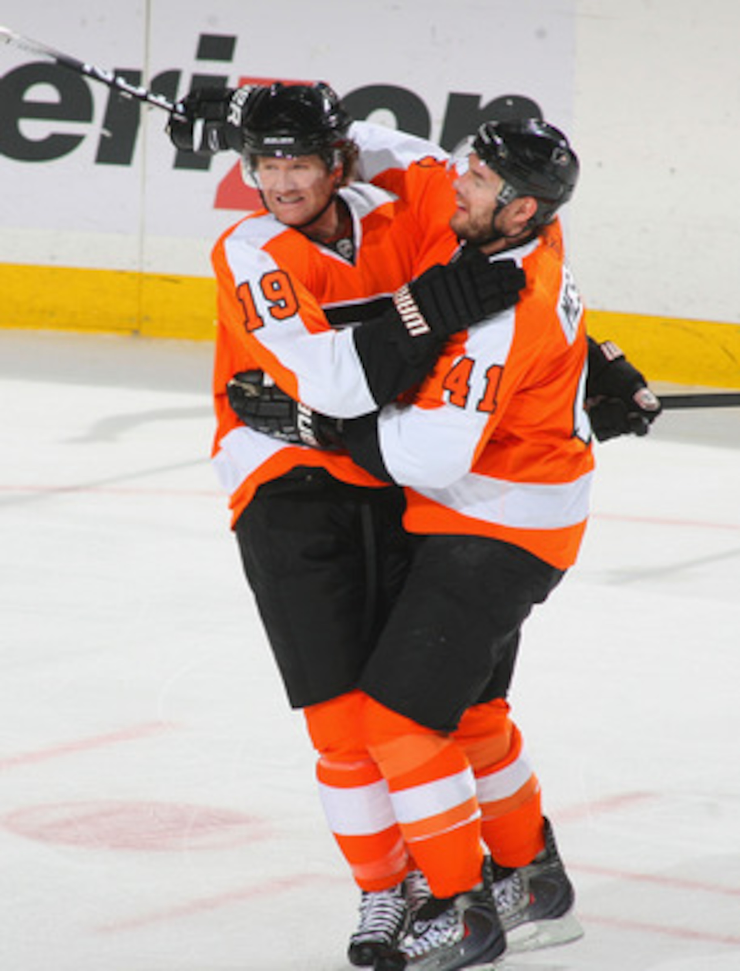 BUFFALO, NY - APRIL 08: Scott Hartnell #19 and Andrej Meszaros #41 of the Philadelphia Flyers celebrate Hartnell's goal in the first period against the Buffalo Sabres  at HSBC Arena on April 8, 2011 in Buffalo, New York.  (Photo by Rick Stewart/Getty Imag
