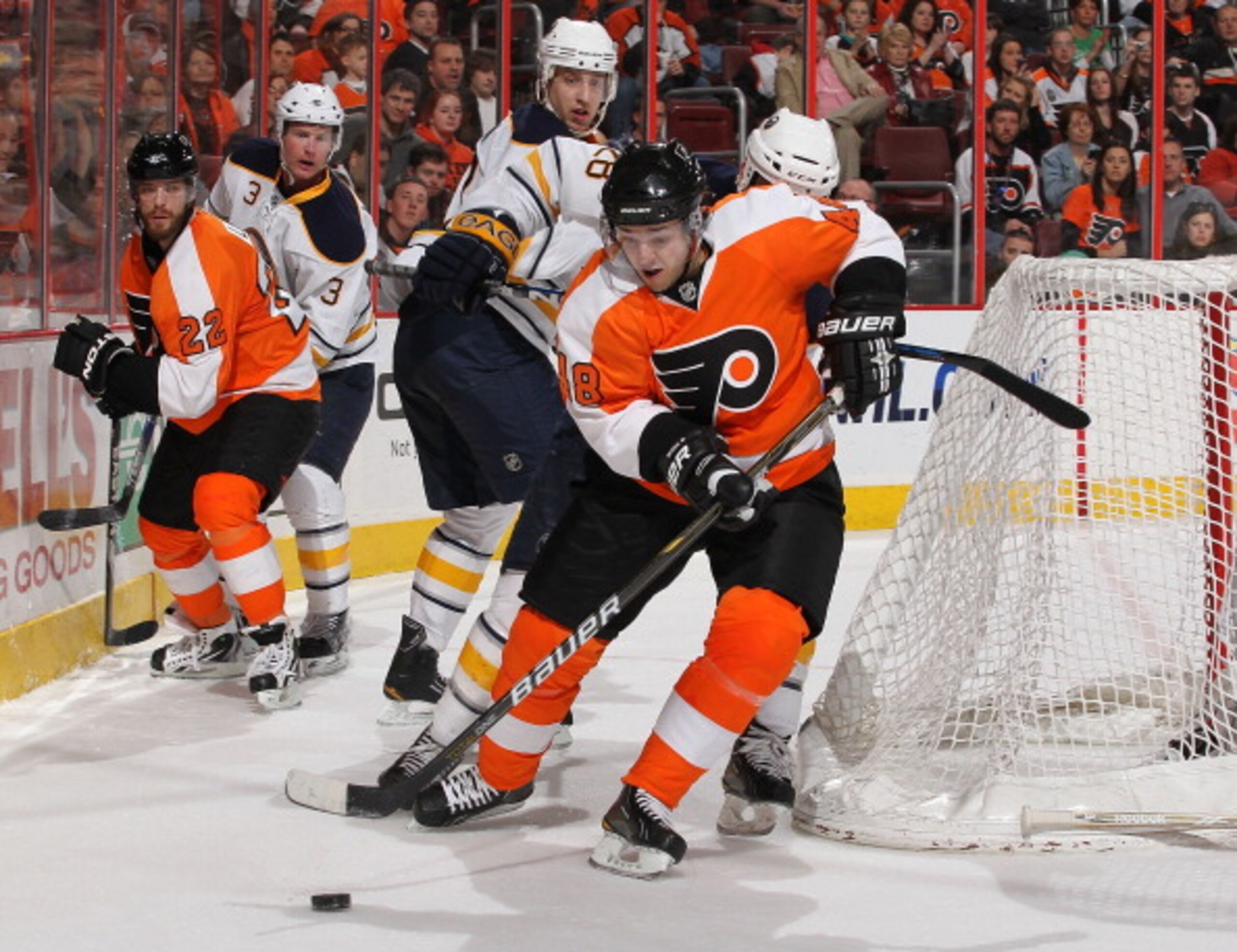 PHILADELPHIA - MARCH 05:  Danny Briere #48 of The Philadelphia Flyers makes a save against the Buffalo Sabres during their game on March 5, 2011 at The Wells Fargo Center in Philadelphia, Pennsylvania.  (Photo by Al Bello/Getty Images)