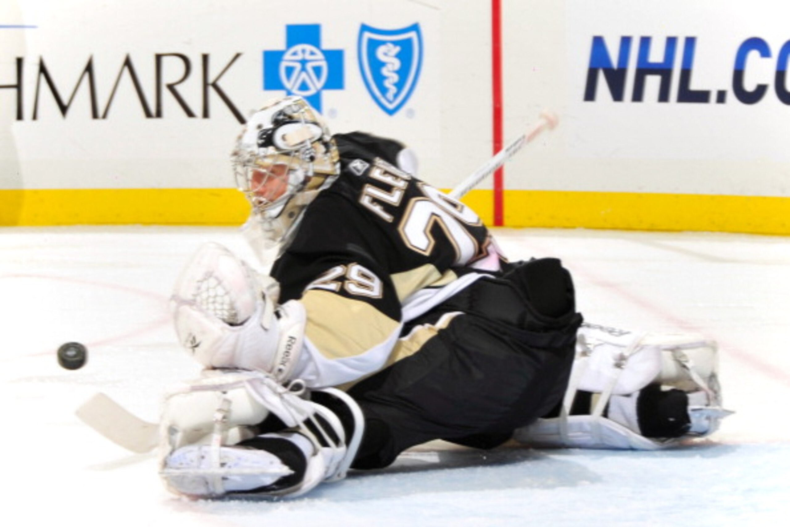 PITTSBURGH, PA - MARCH 13:  Goaltender Marc-Andre Fleury #29 of the Pittsburgh Penguins makes a second period save against the Edmonton Oilers on March 13, 2011 at CONSOL Energy Center in Pittsburgh, Pennsylvania.  (Photo by Jamie Sabau/Getty Images)