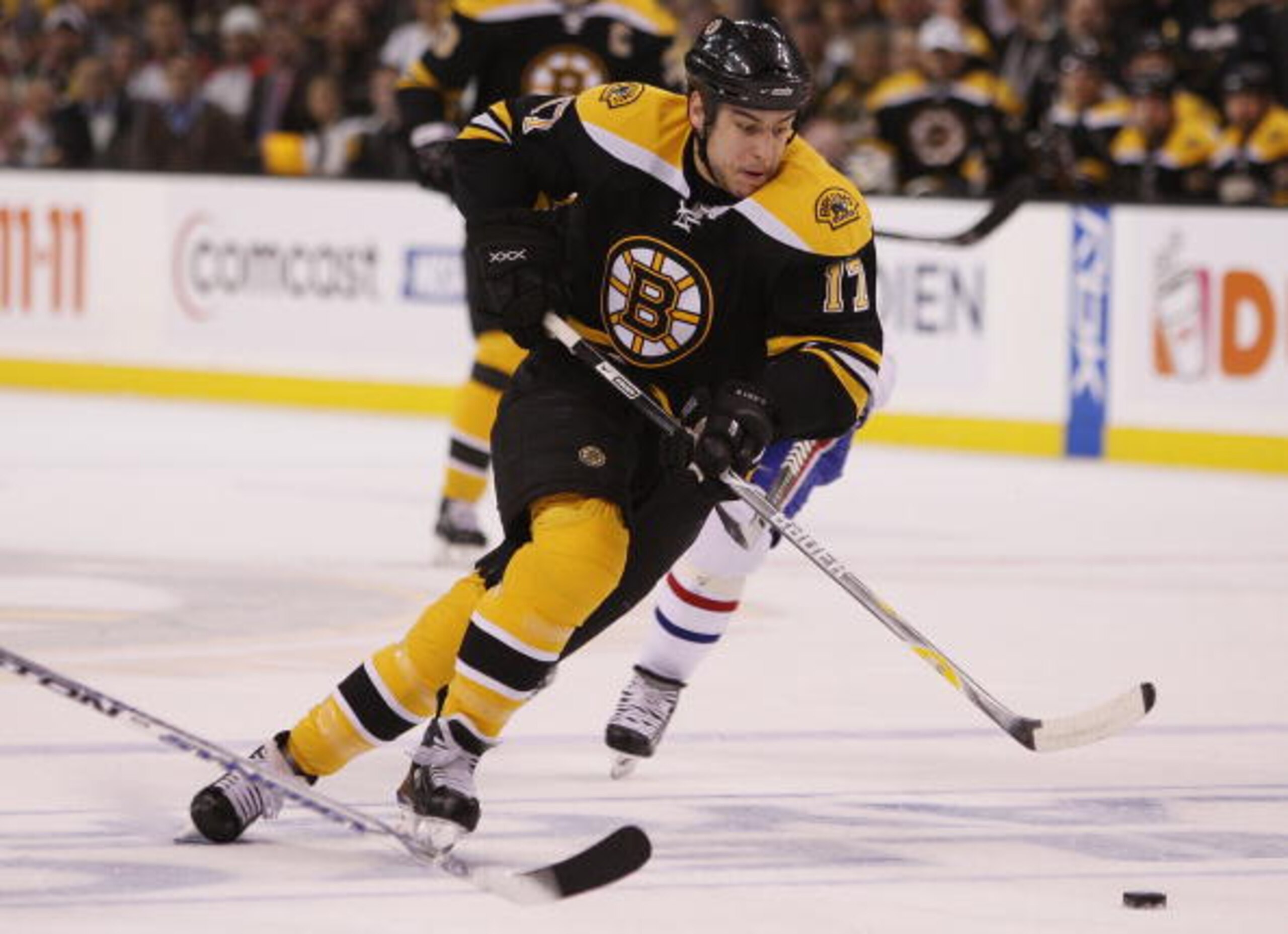 BOSTON - APRIL 15:  Milan Lucic #17 of the Boston Bruins heads for the net in the first period against the Montreal Canadiens during game four of the Eastern Conference Quarterfinals of the 2008 NHL Stanley Cup Playoffs on April 15, 2008 at the TD Banknor