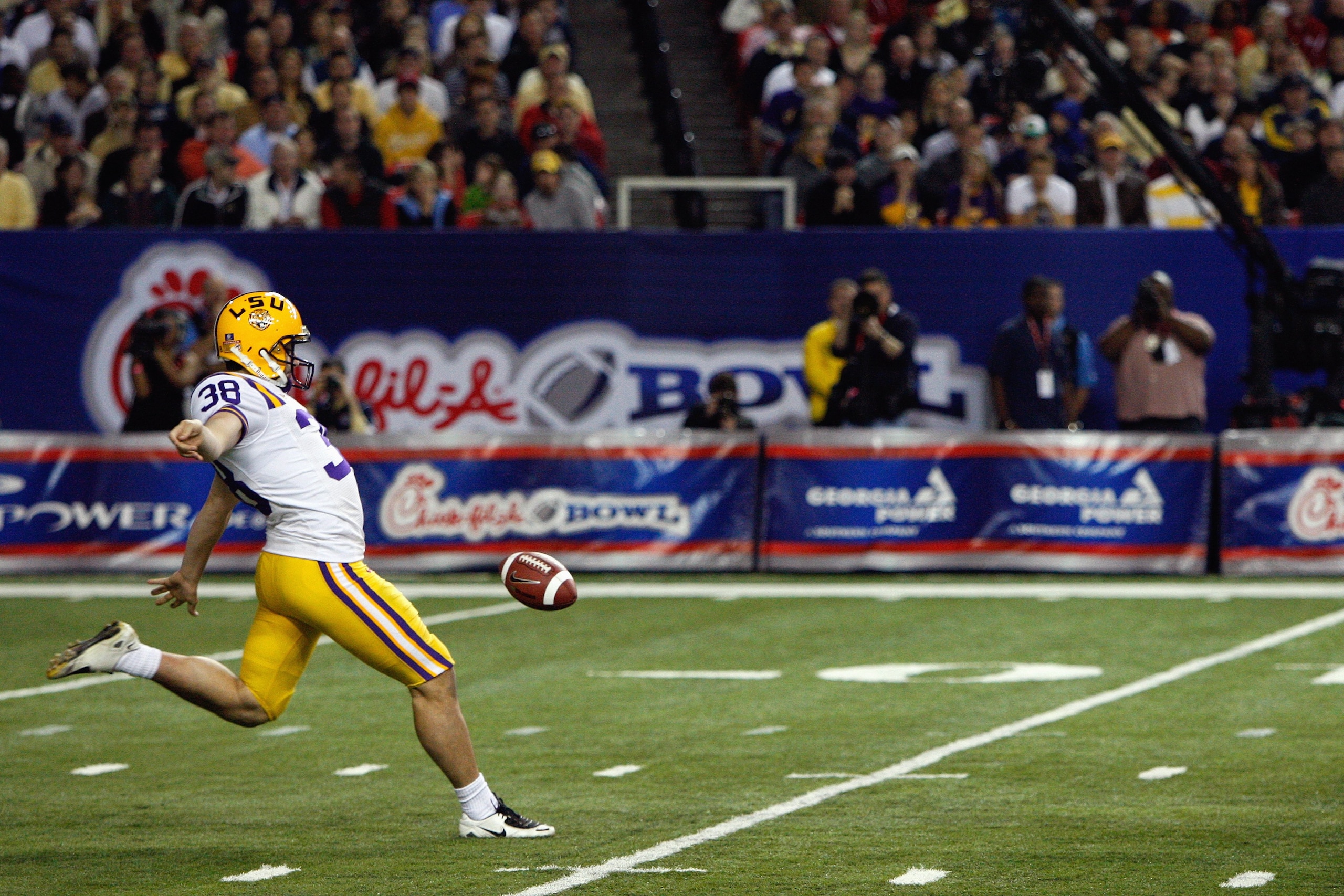 ATLANTA - DECEMBER 31:  Brady Dalfrey #38 of the LSU Tigers punts during the Chick-fil-A Bowl against the Georgia Tech Yellow Jackets on December 31, 2008 at the Georgia Dome in Atlanta, Georgia. (Photo by Kevin C. Cox/Getty Images)