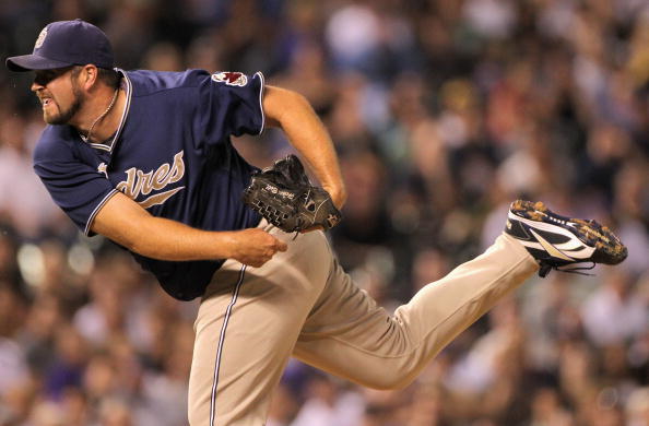 San Diego Padres pitcher Heath Bell, left, looks to the outfield