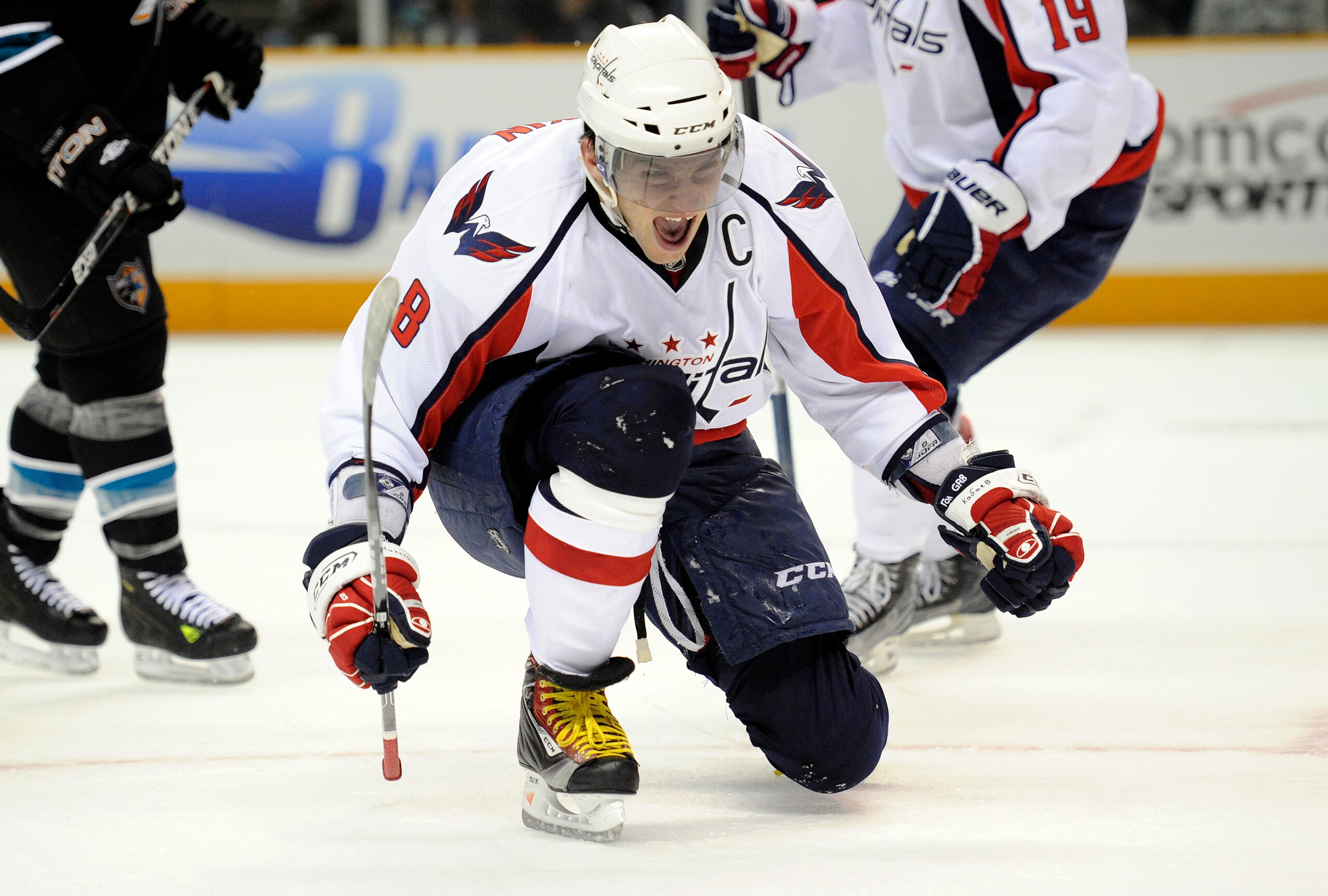 SAN JOSE, CA - FEBRUARY 17: Alex Ovechkin #8 of the Washington Capitals celebrates after scoring a goal against the San Jose Sharks in the first period during an NHL hockey game at the HP Pavilion on February 17, 2011 in San Jose, California. The Sharks w