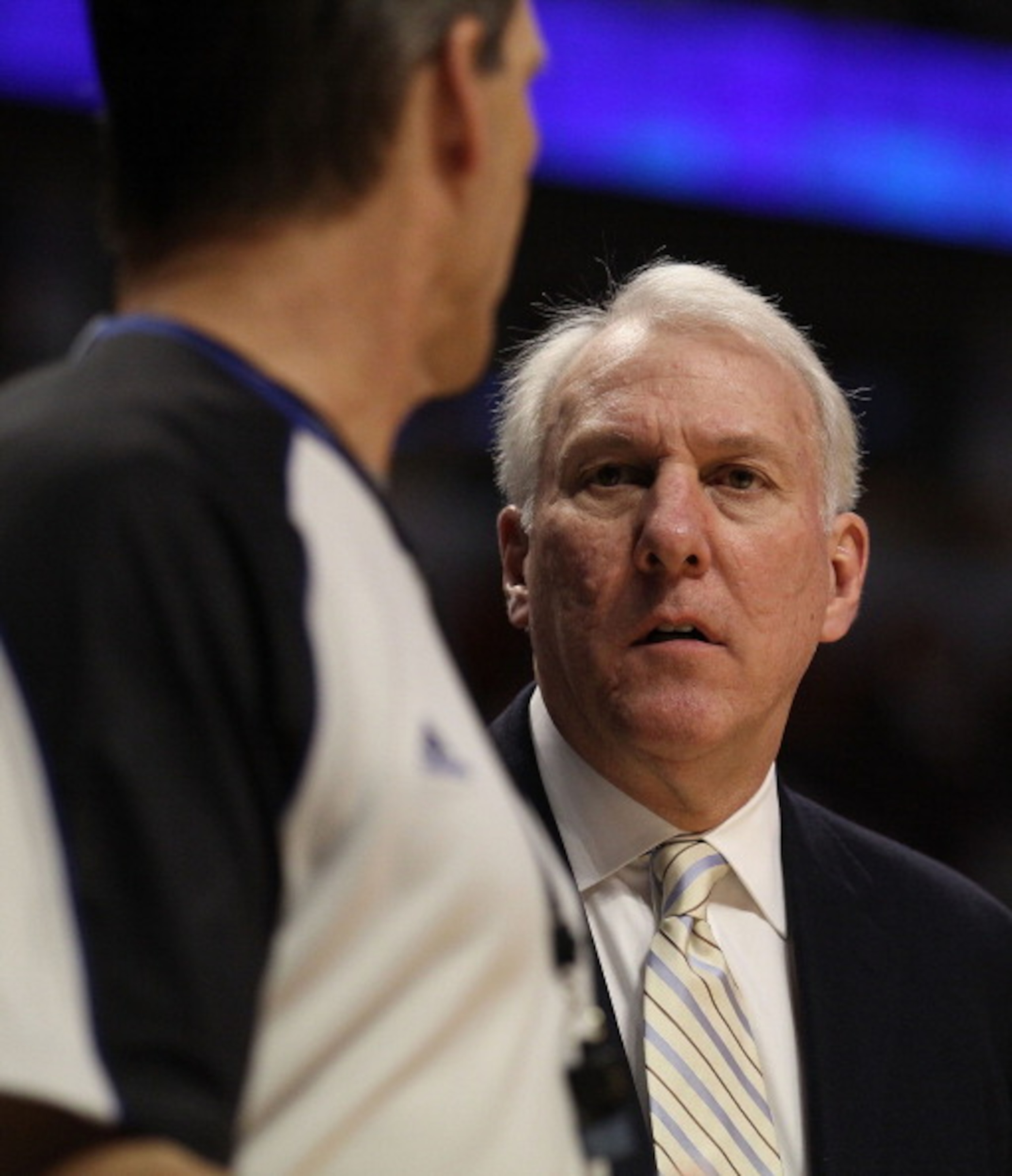CHICAGO, IL - FEBRUARY 17: Head coach Gregg Popovich of the San Antonio Spurs talks with a referee during a game against the Chicago Bulls at the United Center on February 17, 2011 in Chicago, Illinois. The Bulls defeated the Spurs 109-99. NOTE TO USER: U