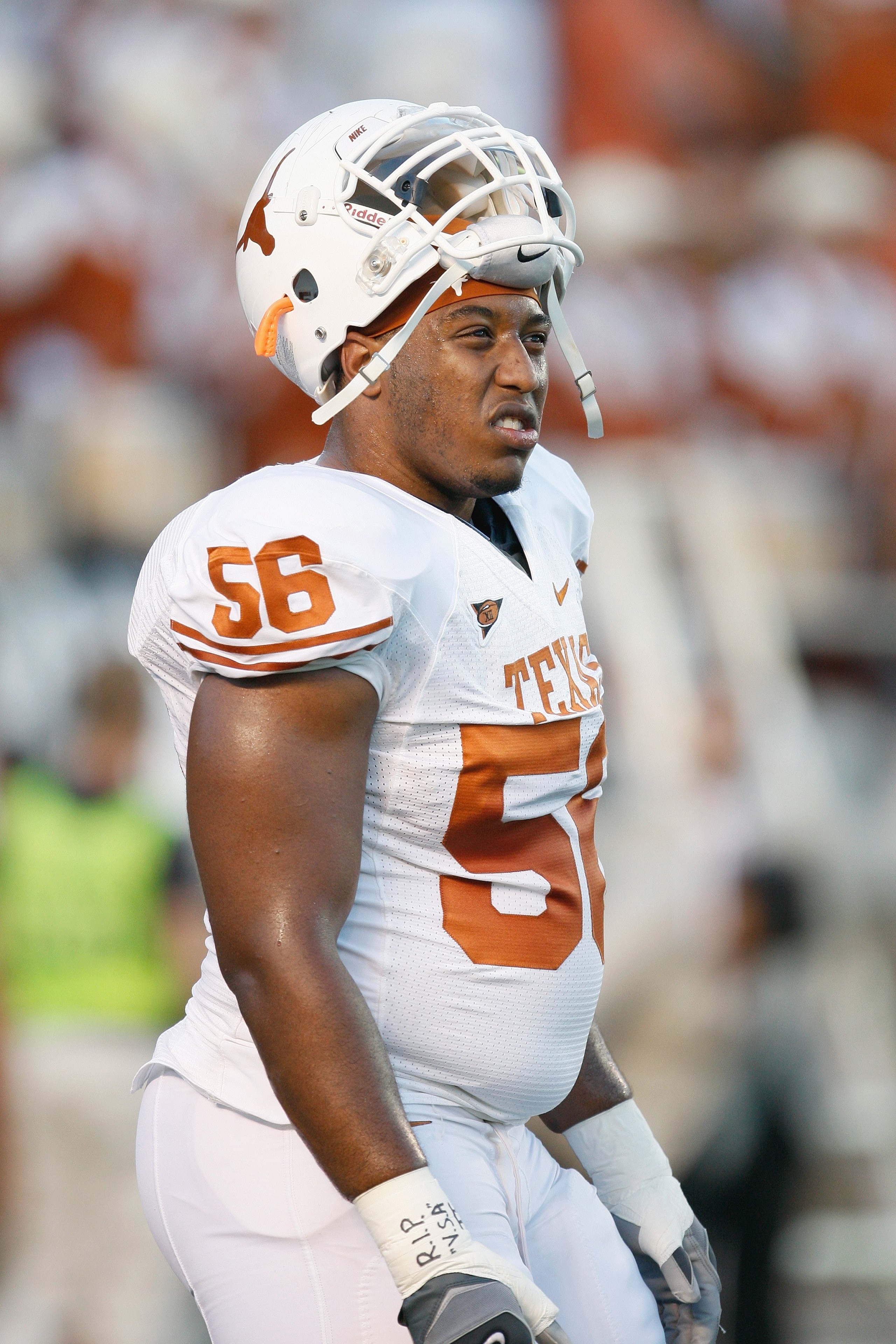 LUBBOCK,TEXAS - NOVEMBER 1:  Tray Allen #56 of the Texas Longhorns watches practice before the game against the Texas Tech Red Raiders on November 1, 2008 at Jones Stadium in Lubbock, Texas. (Photo by: Jamie Squire/Getty Images)