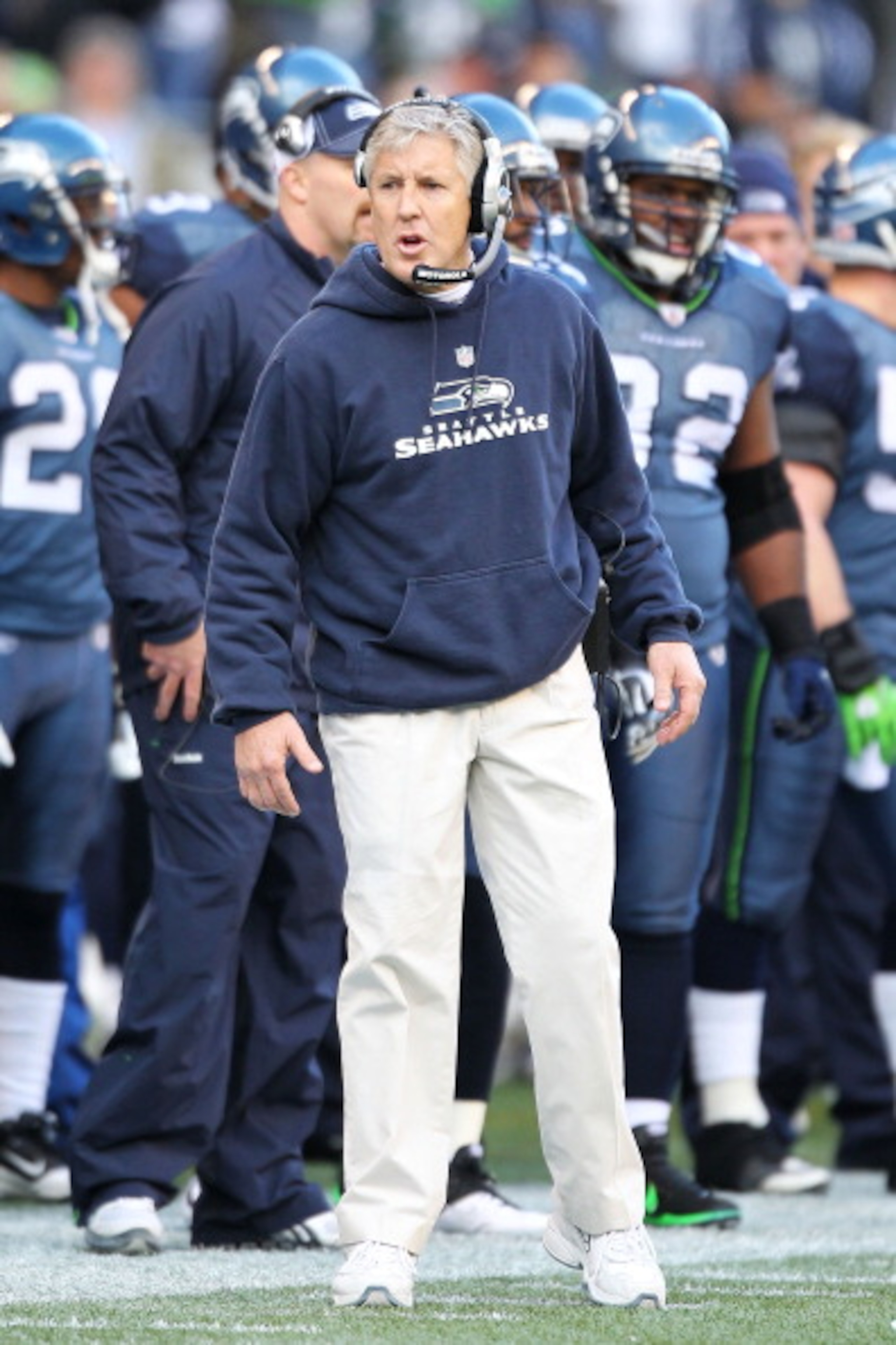 SEATTLE, WA - JANUARY 08:  Head coach Pete Carroll of the Seattle Seahawks reacts against the New Orleans Saints during the 2011 NFC wild-card playoff game at Qwest Field on January 8, 2011 in Seattle, Washington.  (Photo by Otto Greule Jr/Getty Images)