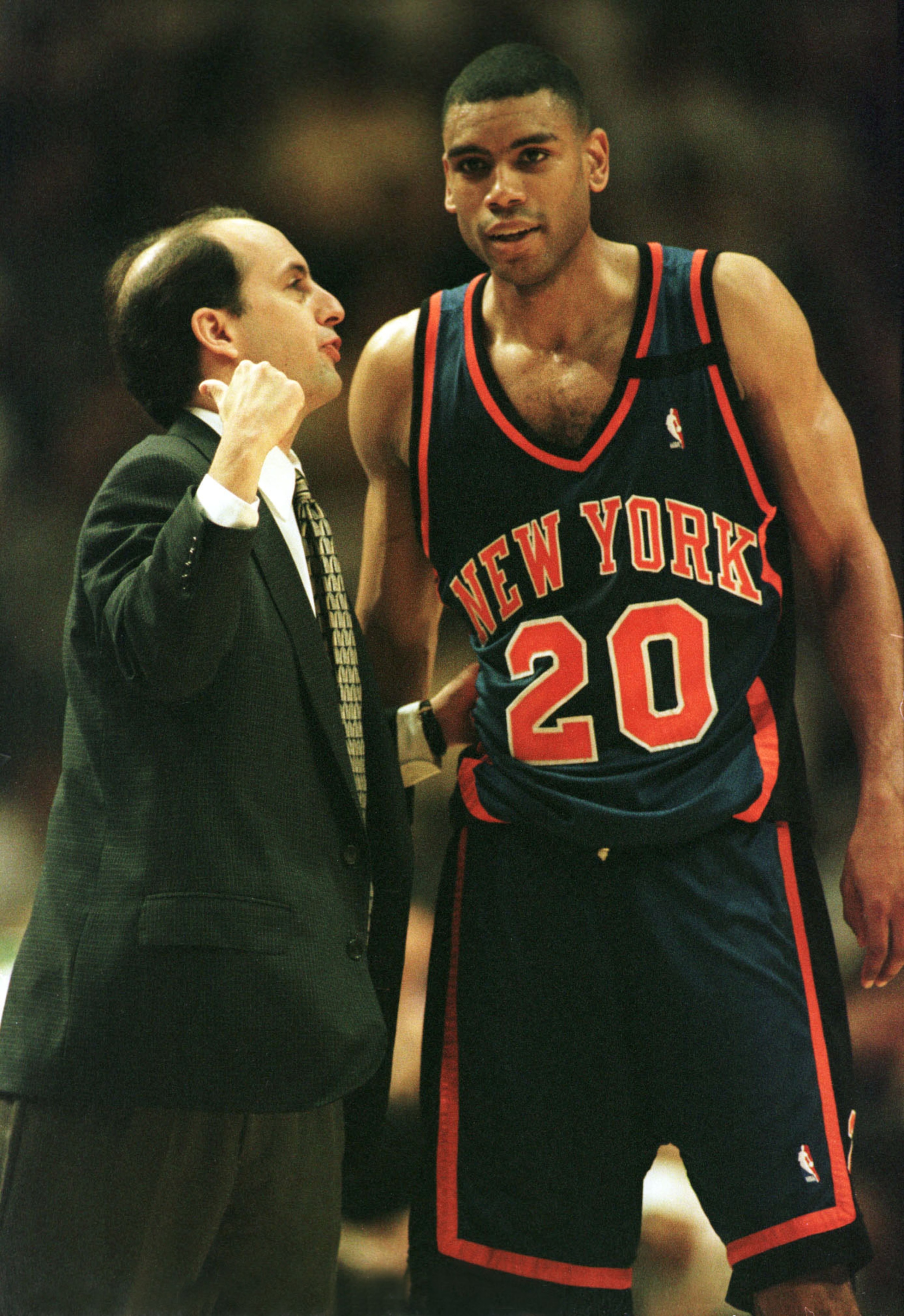9 Jun 1999: Coach Jeff Van Gundy of the New York Knicks gives instructions to Allan Houston #20 as they battle the Indiana Pacers during game five of the NBA Eastern Conference Finals at Market Square Arena in Indianapolis, Indiana.