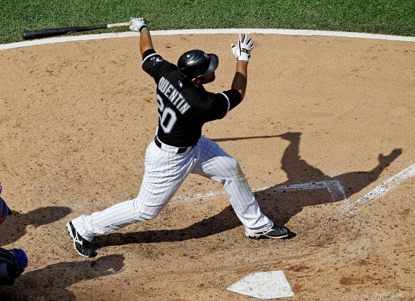 CHICAGO - JUNE 25: Carlos Quentin #20 of the Chicago White Sox takes a swing against the Chicago Cubs at U.S. Cellular Field on June 25, 2010 in Chicago, Illinois. The White Sox defeated the Cubs 6-0. (Photo by Jonathan Daniel/Getty Images)