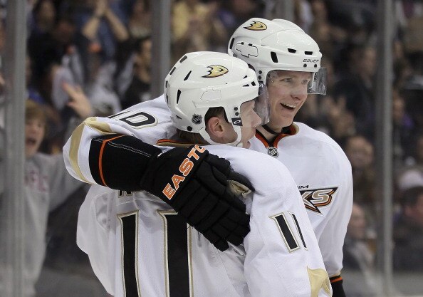LOS ANGELES, CA - APRIL 09:  Saku Koivu (L) #11 and Corey Perry #10 of the Anaheim Ducks celebrate Koivu's goal in the first period against the Los Angeles Kings at Staples Center on April 9, 2011 in Los Angeles, California.  (Photo by Jeff Gross/Getty Im