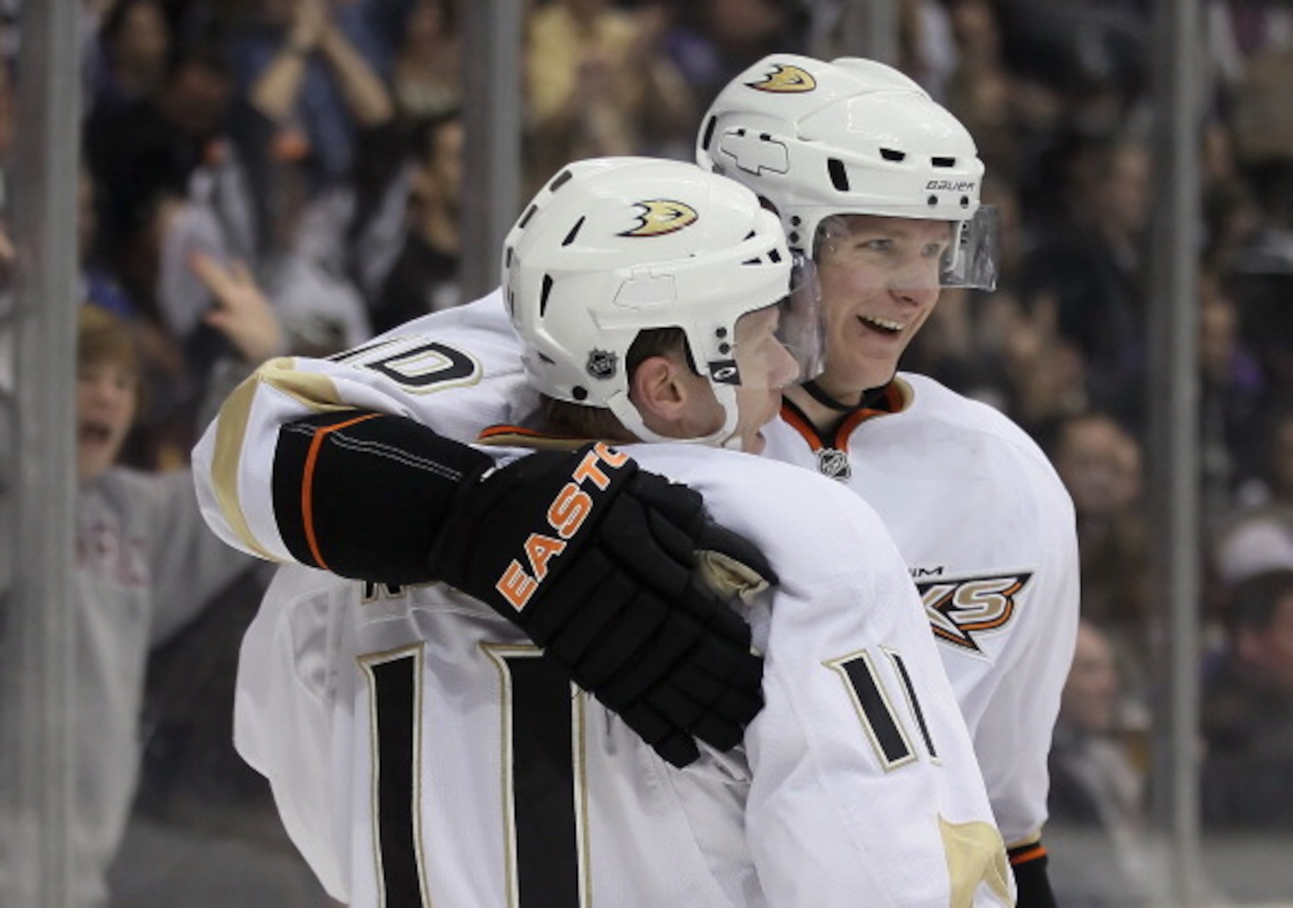 LOS ANGELES, CA - APRIL 09: Saku Koivu (L) #11 and Corey Perry #10 of the Anaheim Ducks celebrate Koivu's goal in the first period against the Los Angeles Kings at Staples Center on April 9, 2011 in Los Angeles, California. (Photo by Jeff Gross/Getty Im LOS ANGELES, CA - APRIL 09: Saku Koivu (L) #11 and Corey Perry #10 of the Anaheim Ducks celebrate Koivu's goal in the first period against the Los Angeles Kings at Staples Center on April 9, 2011 in Los Angeles, California. (Photo by Jeff Gross/Getty Im