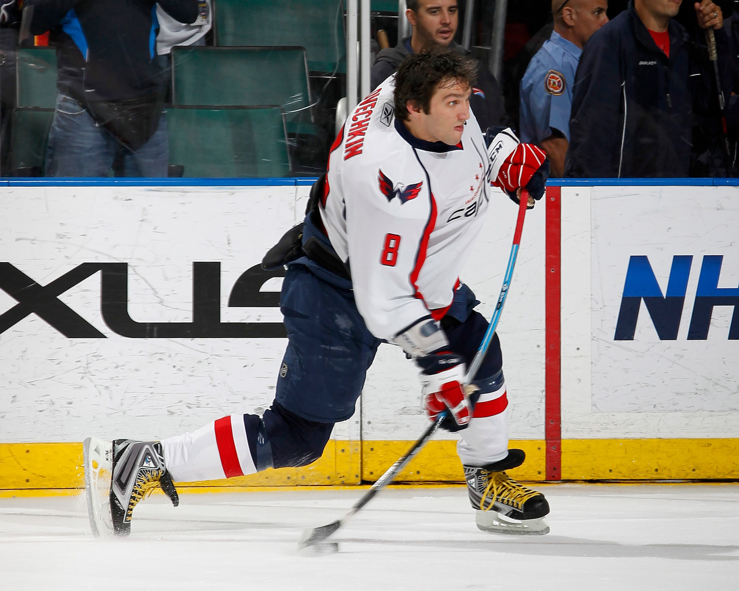 SUNRISE, FL - APRIL 9: Alex Ovechkin #8 of the Washington Capitals shoots the puck prior to the NHL game against the Florida Panthers on April 9, 2011 at the BankAtlantic Center in Sunrise, Florida. (Photo by Joel Auerbach/Getty Images)