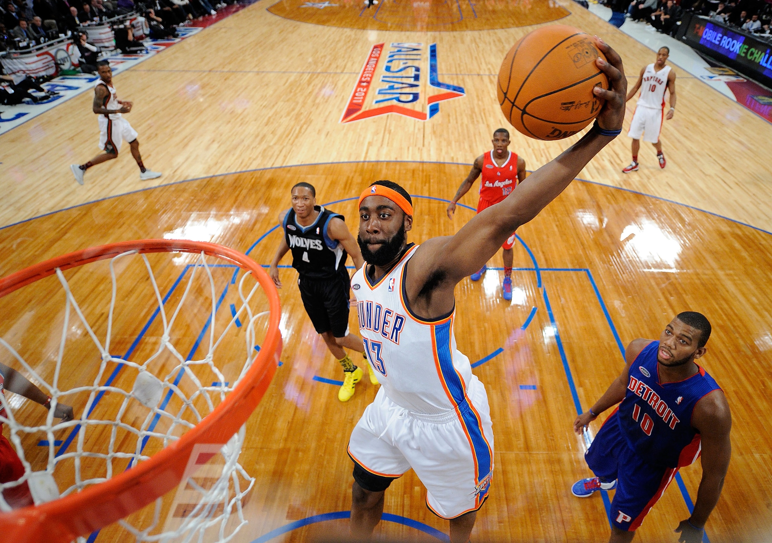 LOS ANGELES, CA - FEBRUARY 18:  James Harden #13 of the Oklahoma City Thunder and the Sophomore Team dunks the ball in the second half during the T-Mobile Rookie Challenge and Youth Jam at Staples Center on February 18, 2011 in Los Angeles, California.  (