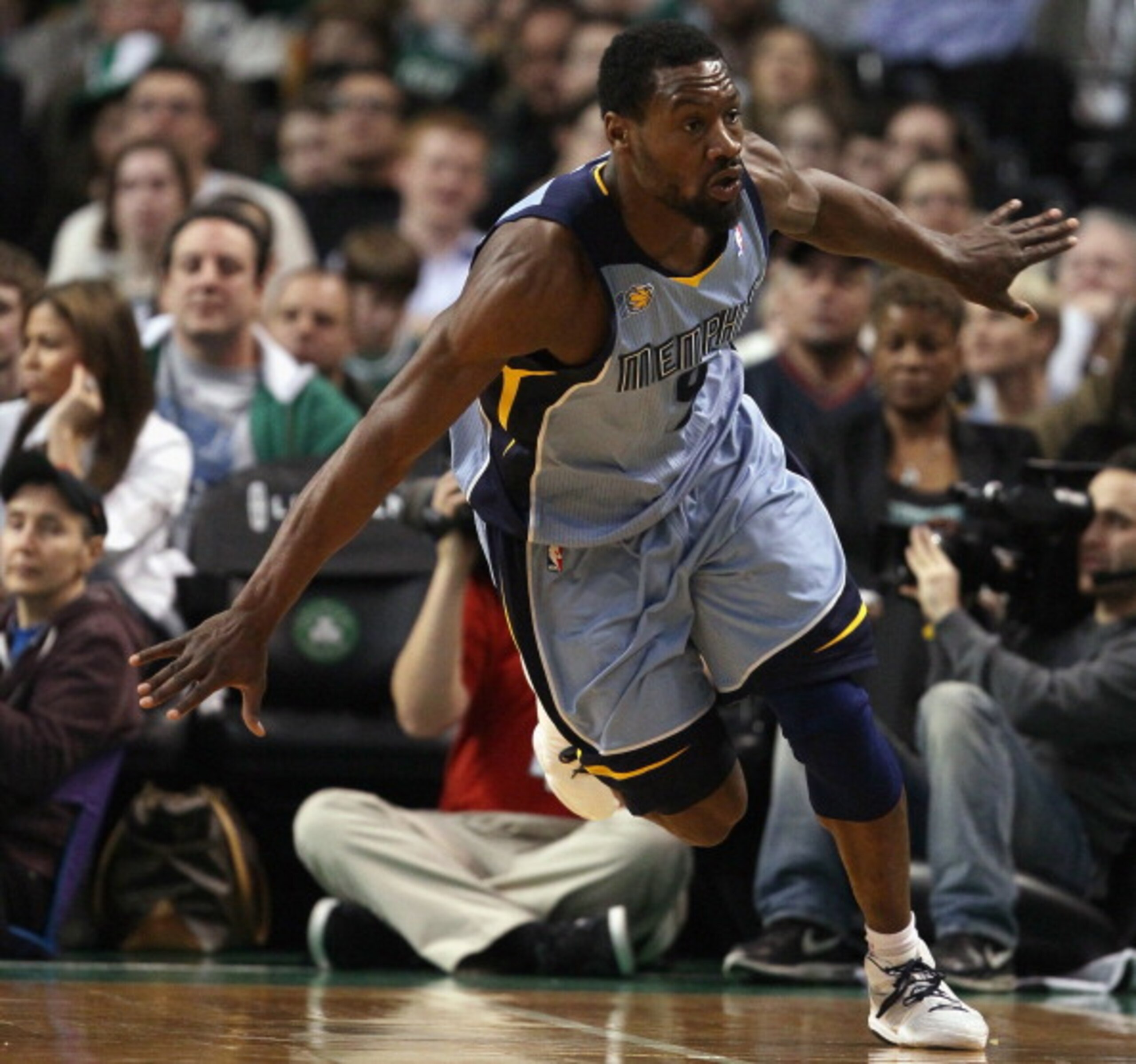 BOSTON, MA - MARCH 23: Tony Allen #9 of the Memphis Grizzlies celebrates after he made a three point shot in the second half against the Boston Celtics  on March 23, 2011 at the TD Garden in Boston, Massachusetts.  The Memphis Grizzlies defeated the Bosto