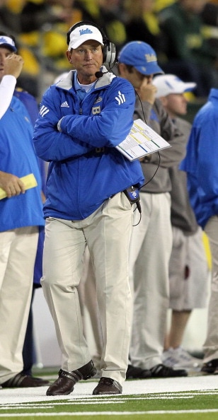 EUGENE, OR - OCTOBER 21:   Head Coach Rick Neuheisel of the UCLA Bruins  watches the game agianst the Oregon Ducks on October 21, 2010 at the Autzen Stadium in Eugene, Oregon.  (Photo by Jonathan Ferrey/Getty Images)