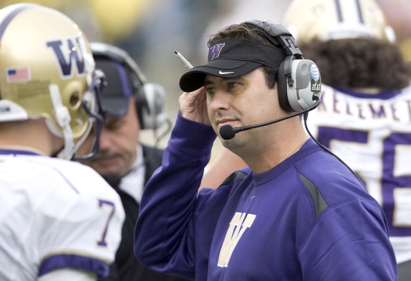 EUGENE, OR - NOVEMBER 6: Head coach Steve Sarkisian of the Washington Huskiest works the sidelines in the second quarter of the game against the Oregon Ducks at Autzen Stadium on November 6, 2010 in Eugene, Oregon. (Photo by Steve Dykes/Getty Images)