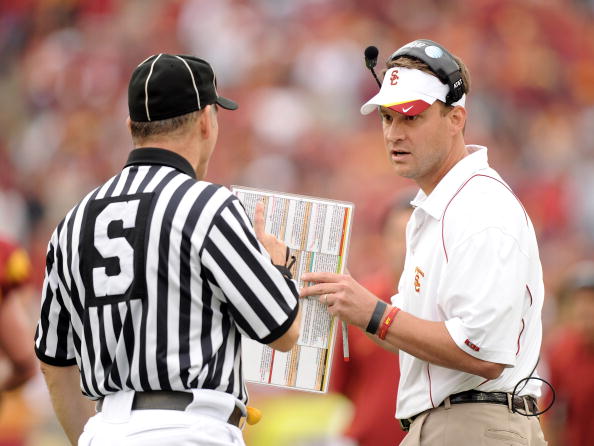 LOS ANGELES, CA - OCTOBER 16:  Head Coach Lane Kiffin of the USC Trojans argues a call with an official against the California Golden Bears at Los Angeles Memorial Coliseum on October 16, 2010 in Los Angeles, California.  (Photo by Harry How/Getty Images)