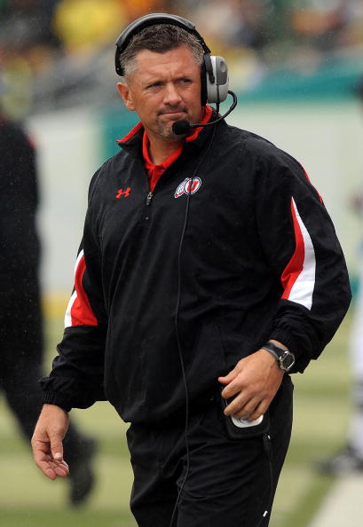 EUGENE, OR - SEPTEMBER 19:  Head coach Kyle Whittingham of the Utah Utes works the sidelines in the second quarter of the game against the Oregon Ducks at Autzen Stadium on September 19, 2009 in Eugene, Oregon. Oregon won the game 31-24. (Photo by Steve D