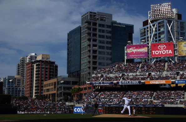 San Diego Padres third baseman Chase Headley doubles during the second  inning of the game with the Arizona Diamondbacks at Petco Park in San Diego  on August 24, 2010. Headley scored on