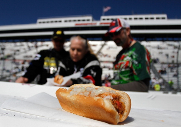 MARTINSVILLE, VA - APRIL 03:  Fans look over a Martinsville hot dog, nick named a 'Slider' in the infield prior to the start of the NASCAR Sprint Cup Series Goody's Fast Relief 500 at Martinsville Speedway on April 3, 2011 in Martinsville, Virginia.  (Pho