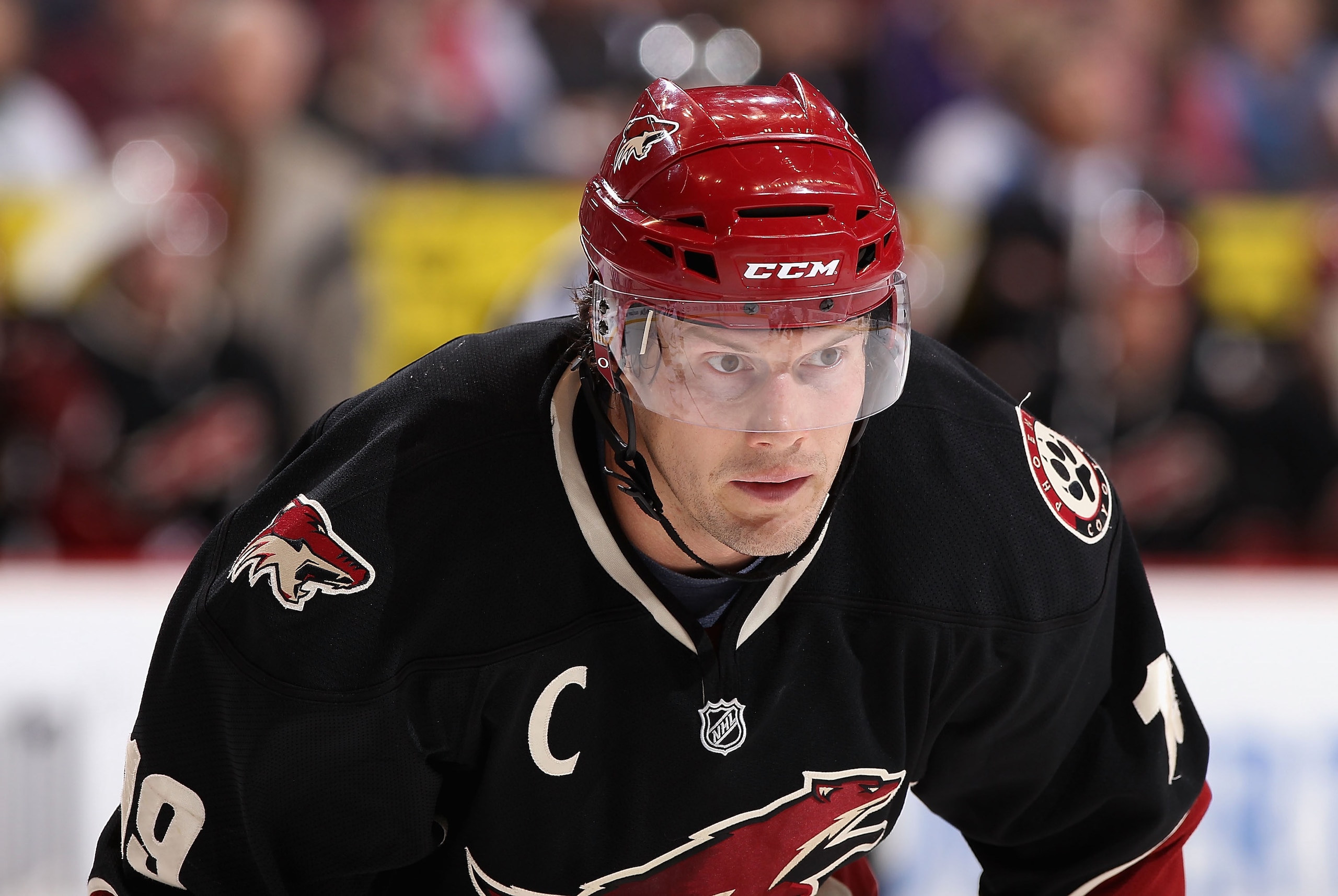 GLENDALE, AZ - MARCH 29:  Shane Doan #19 of the Phoenix Coyotes during the NHL game against the Dallas Stars at Jobing.com Arena on March 29, 2011 in Glendale, Arizona.  The Coyotes defeated the Stars 2-1 in an overtime shoot out.  (Photo by Christian Pet