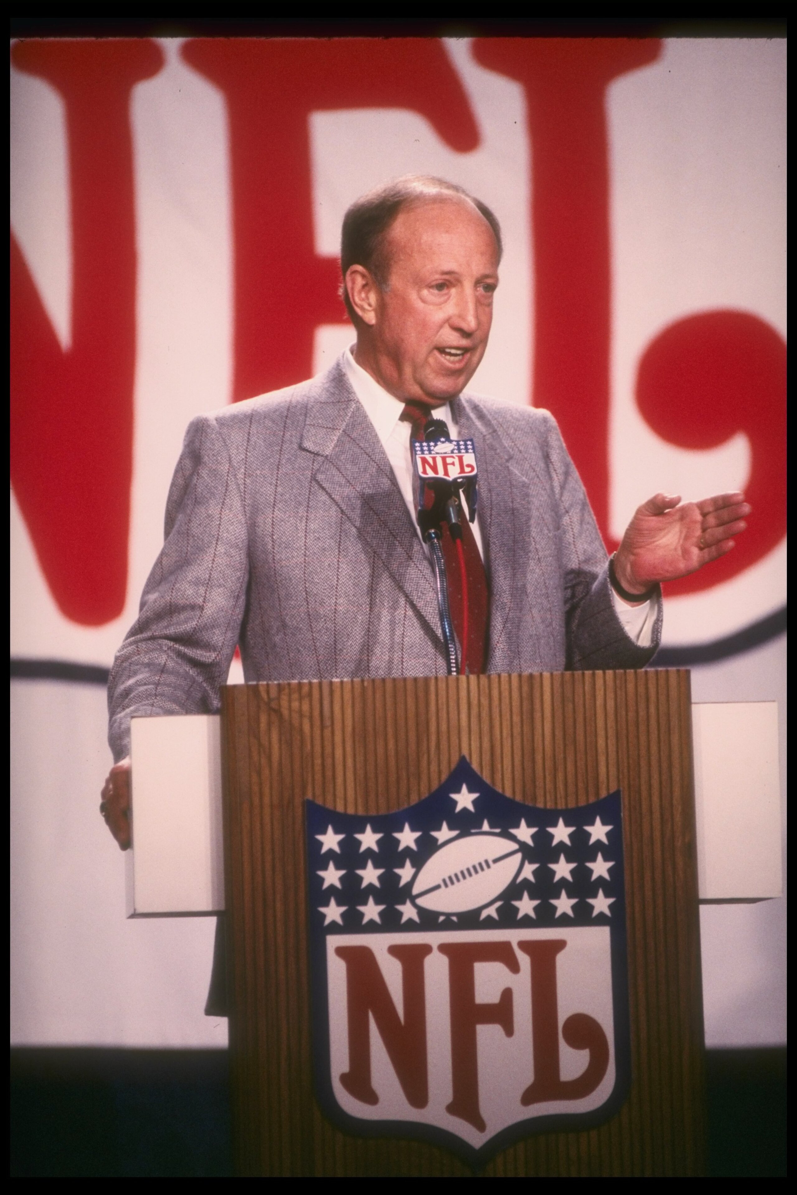29 Jan 1988: NFL Commissioner Pete Rozelle speaks at a press conference before Super Bowl XXII between the Washington Redskins and the Denver Broncos at Jack Murphy Stadium in San Diego, California. The Redskins won the game, 42-10.
