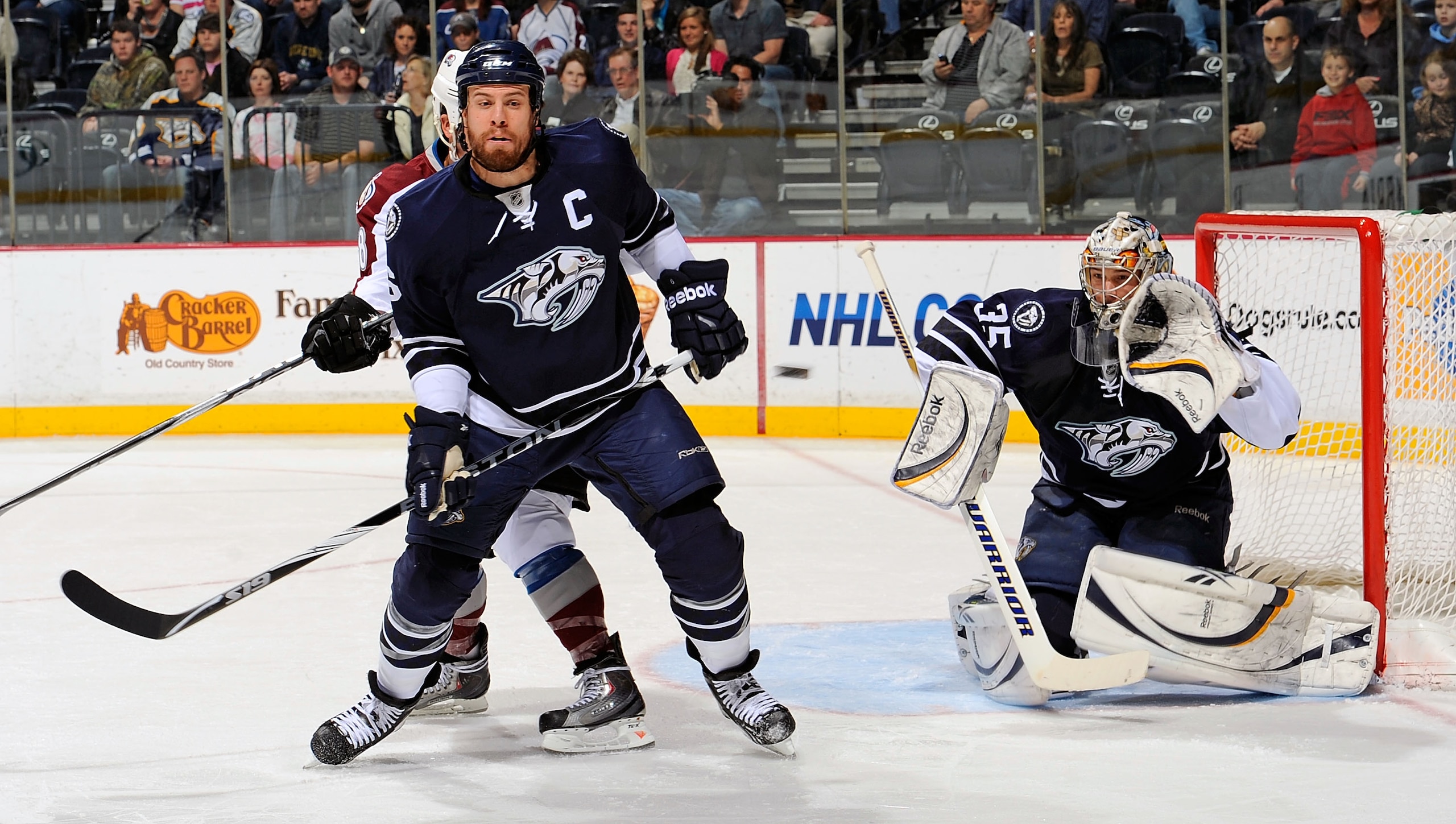 NASHVILLE, TN - MARCH 12:  Shea Weber #6 of the Nashville Predators watches the shot of a Colorado Avalanche player go towards Predators goalie Pekka Rinne #35 on March 12, 2011 at the Bridgestone Arena in Nashville, Tennessee.  (Photo by Frederick Breedo