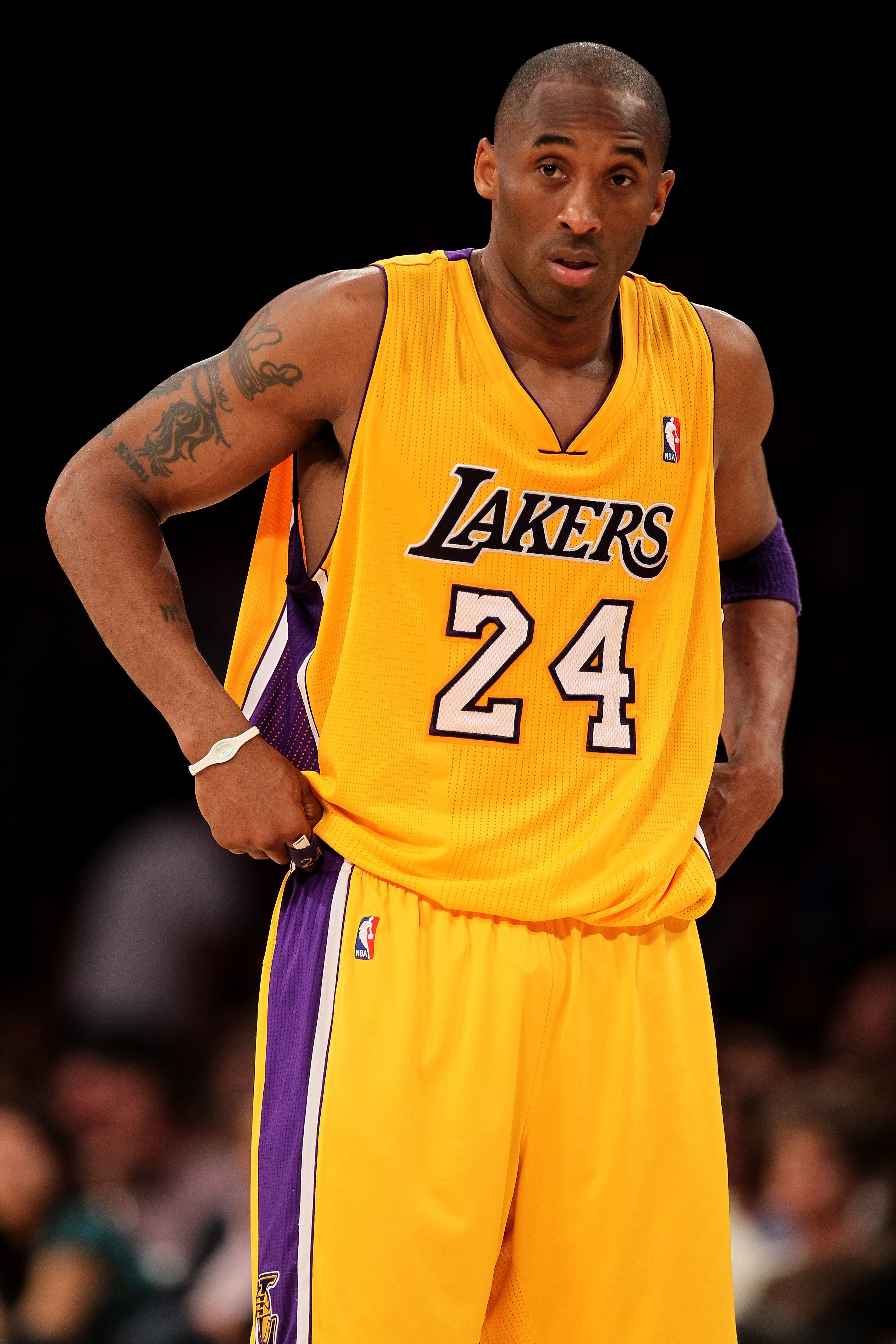 LOS ANGELES, CA - APRIL 5:   Kobe Bryant #24 of the Los Angeles Lakers stands on the court in the game with the Utah Jazz at Staples Center on April 5, 2011 in Los Angeles, California. The Jazz won 86-85.  NOTE TO USER: User expressly acknowledges and agr