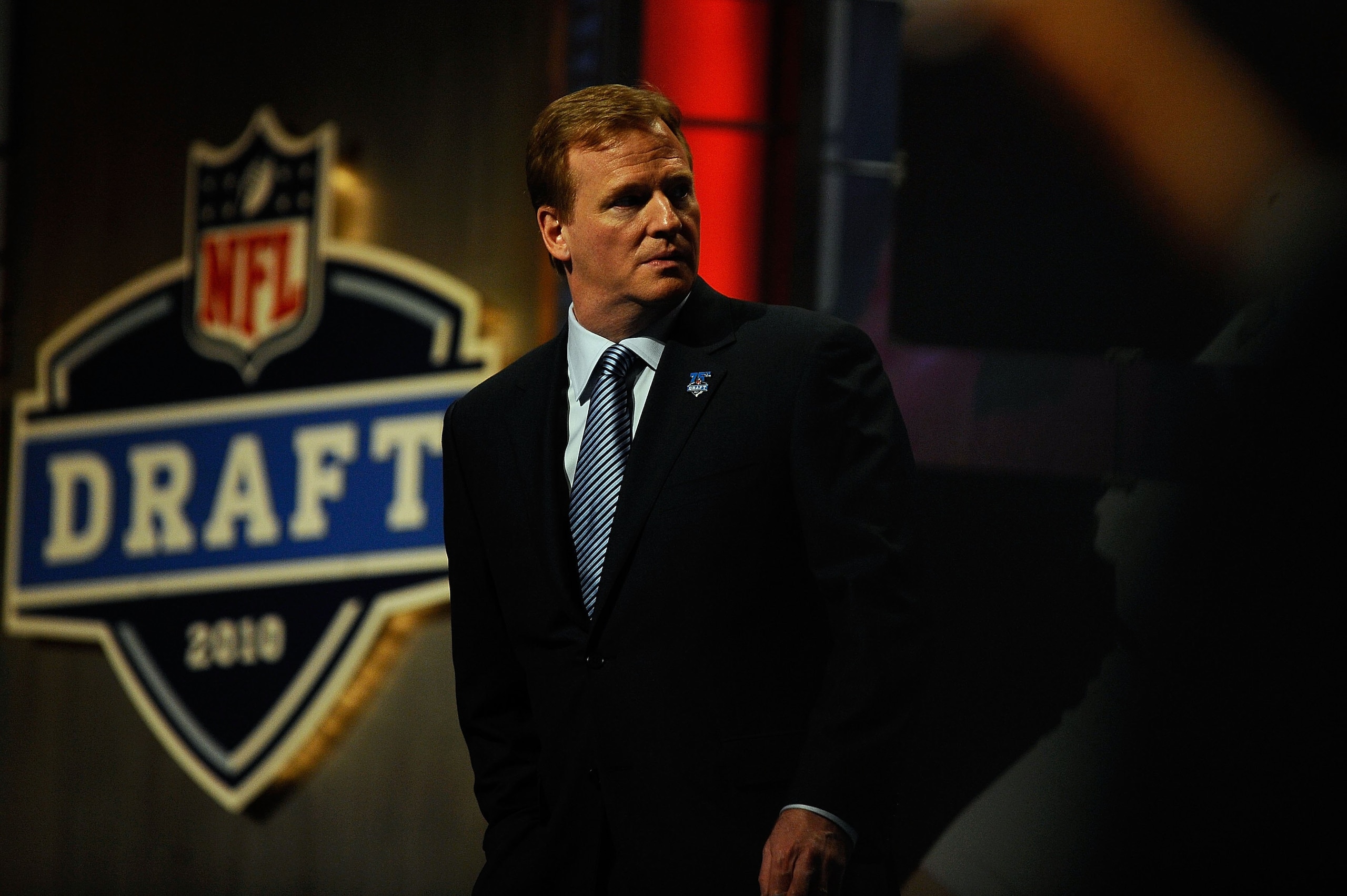 NEW YORK - APRIL 22: NFL Commissioner Roger Goodell looks on as he stands on stage during the first round of the 2010 NFL Draft at Radio City Music Hall on April 22, 2010 in New York City. (Photo by Jeff Zelevansky/Getty Images) NEW YORK - APRIL 22: NFL Commissioner Roger Goodell looks on as he stands on stage during the first round of the 2010 NFL Draft at Radio City Music Hall on April 22, 2010 in New York City. (Photo by Jeff Zelevansky/Getty Images)