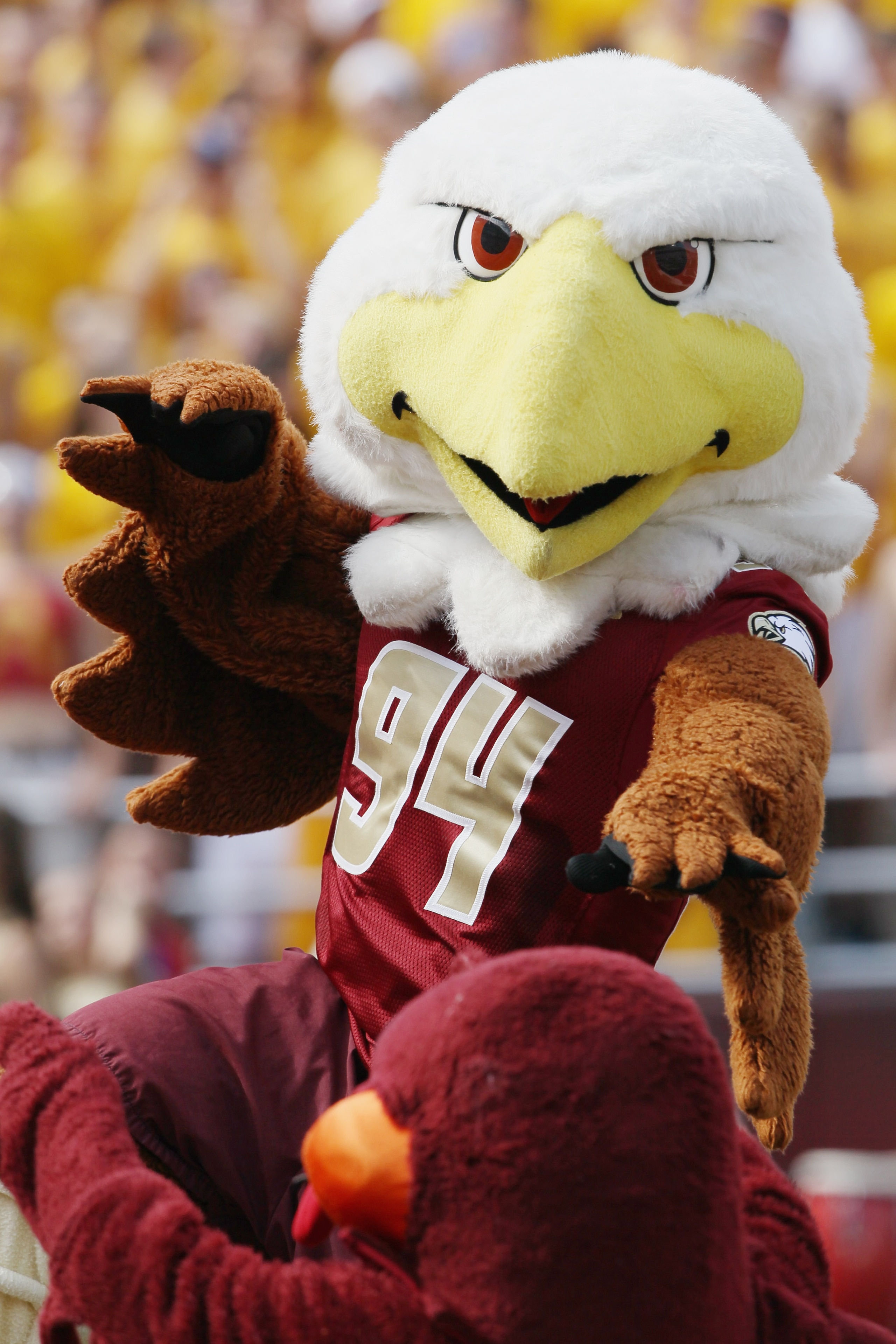 CHESTNUT HILL, MA - SEPTEMBER 25: The Boston College Eagles mascot and the Virginia Tech Hokies mascot square off on September 25, 2010 at Alumni Stadium in Chestnut Hill, Massachusetts. (Photo by Elsa/Getty Images) CHESTNUT HILL, MA - SEPTEMBER 25: The Boston College Eagles mascot and the Virginia Tech Hokies mascot square off on September 25, 2010 at Alumni Stadium in Chestnut Hill, Massachusetts. (Photo by Elsa/Getty Images)