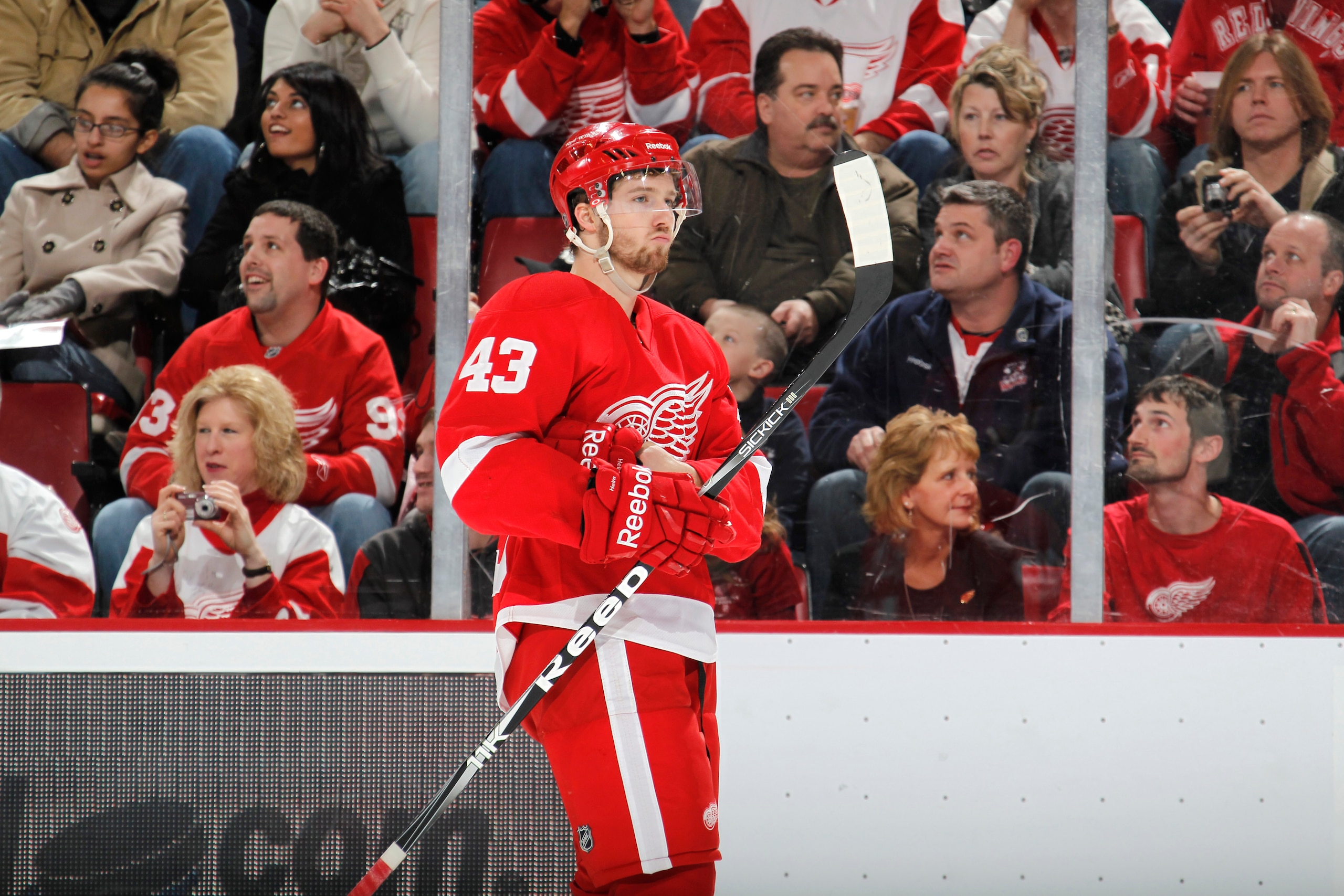 DETROIT, MI - FEBRUARY 13:  Darren Helm #43 of the Detroit Red Wings looks on against the Boston Bruins on February 13, 2011 in Detroit, Michigan.  (Photo by Gregory Shamus/Getty Images)