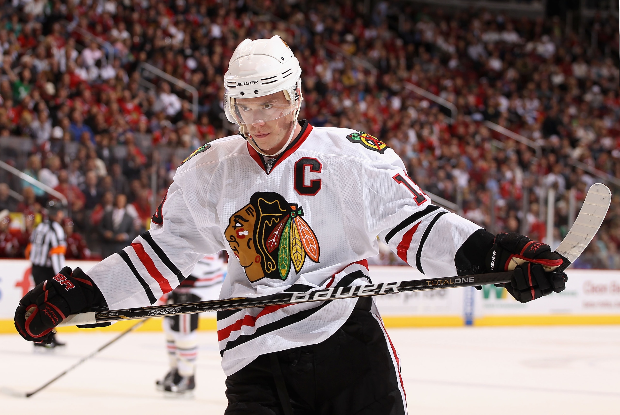 GLENDALE, AZ - MARCH 20:  Jonathan Toews #19 of the Chicago Blackhawks skates up to a face off against the Phoenix Coyotes during the NHL game at Jobing.com Arena on March 20, 2011 in Glendale, Arizona.  (Photo by Christian Petersen/Getty Images)