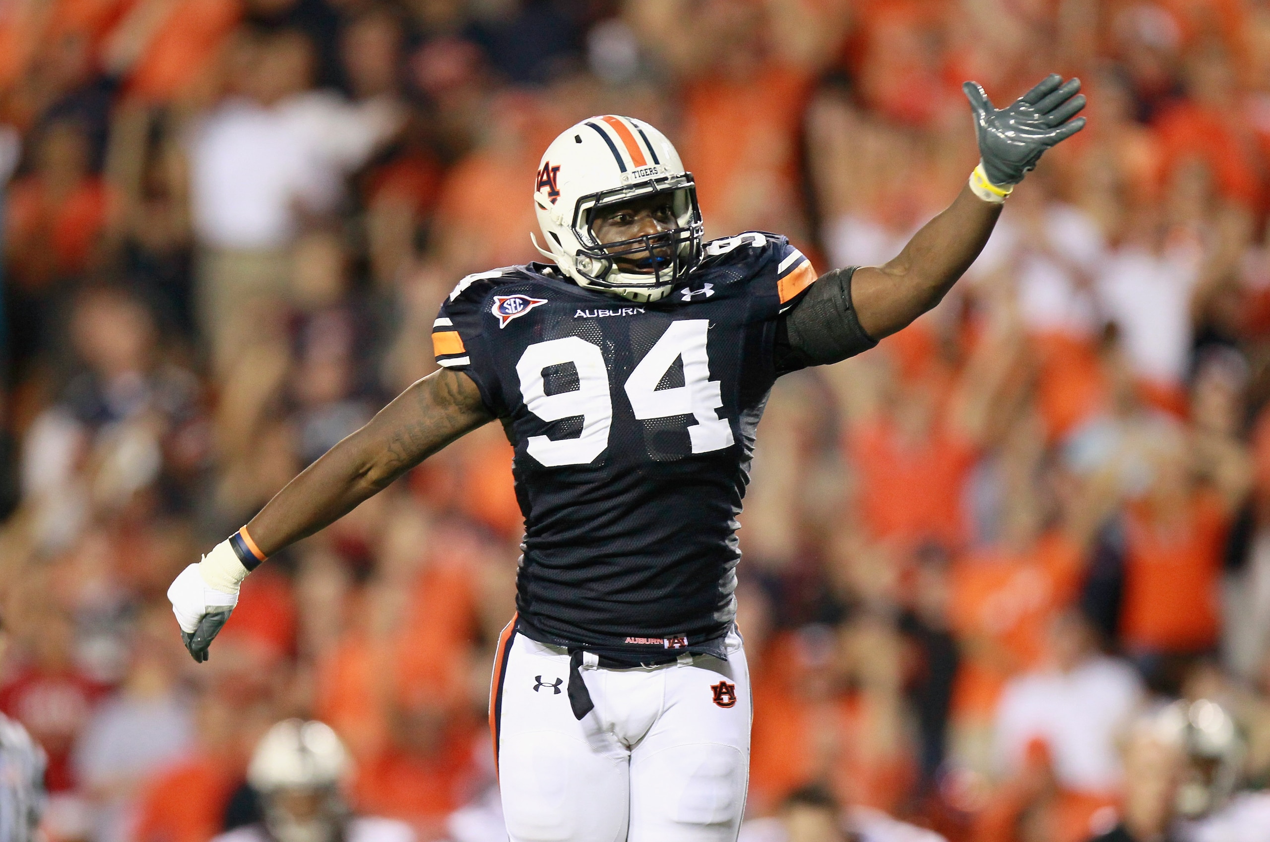 AUBURN, AL - SEPTEMBER 25: Nosa Eguae #94 of the Auburn Tigers against the South Carolina Gamecocks at Jordan-Hare Stadium on September 25, 2010 in Auburn, Alabama. (Photo by Kevin C. Cox/Getty Images) AUBURN, AL - SEPTEMBER 25: Nosa Eguae #94 of the Auburn Tigers against the South Carolina Gamecocks at Jordan-Hare Stadium on September 25, 2010 in Auburn, Alabama. (Photo by Kevin C. Cox/Getty Images)