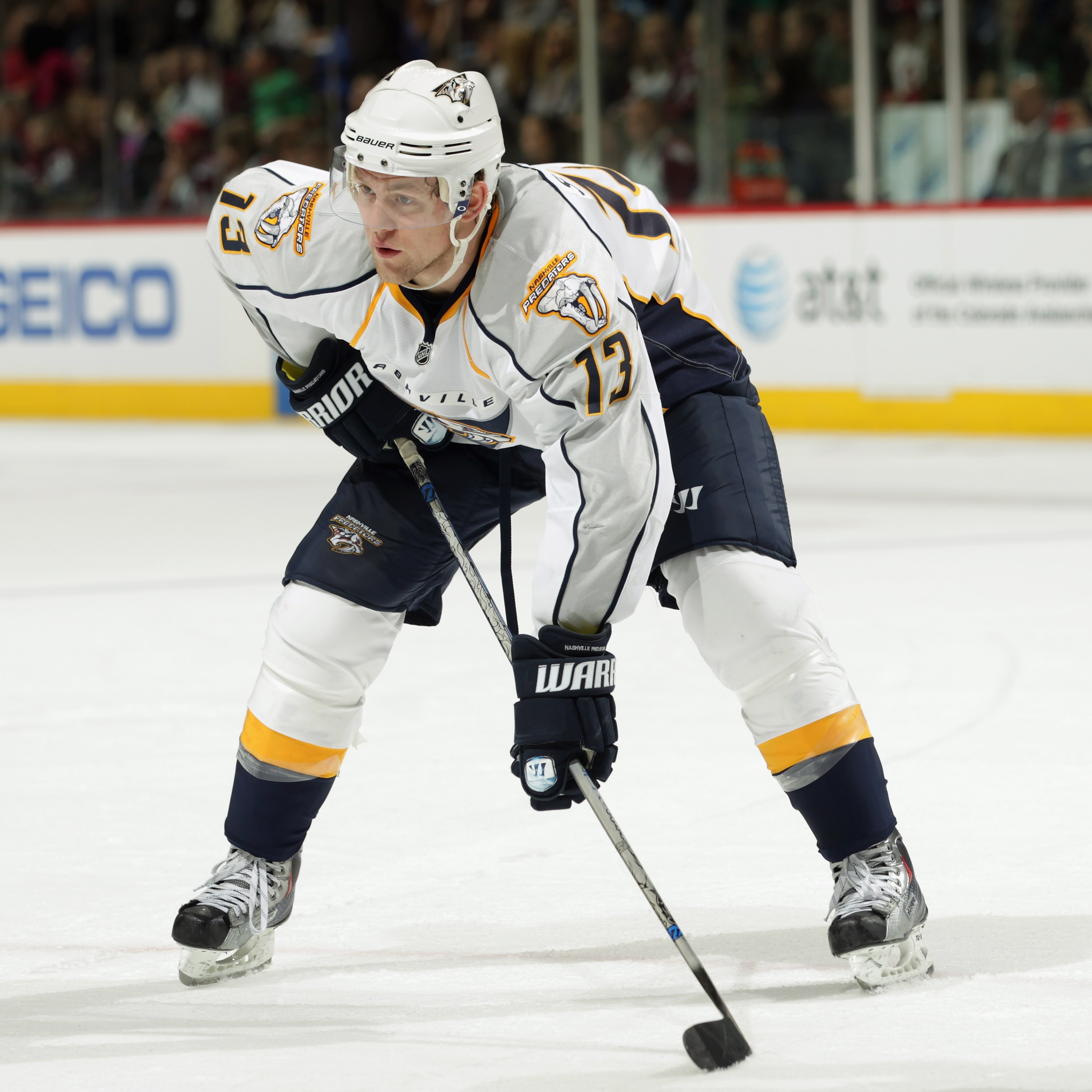 DENVER, CO - MARCH 31:  Nick Spaling #13 of the Nashville Predators awaits a face off against the Colorado Avalanche at the Pepsi Center on March 31, 2011 in Denver, Colorado. The Nashville Predators defeated the Colorado Avalanche 3-2.  (Photo by Doug Pe