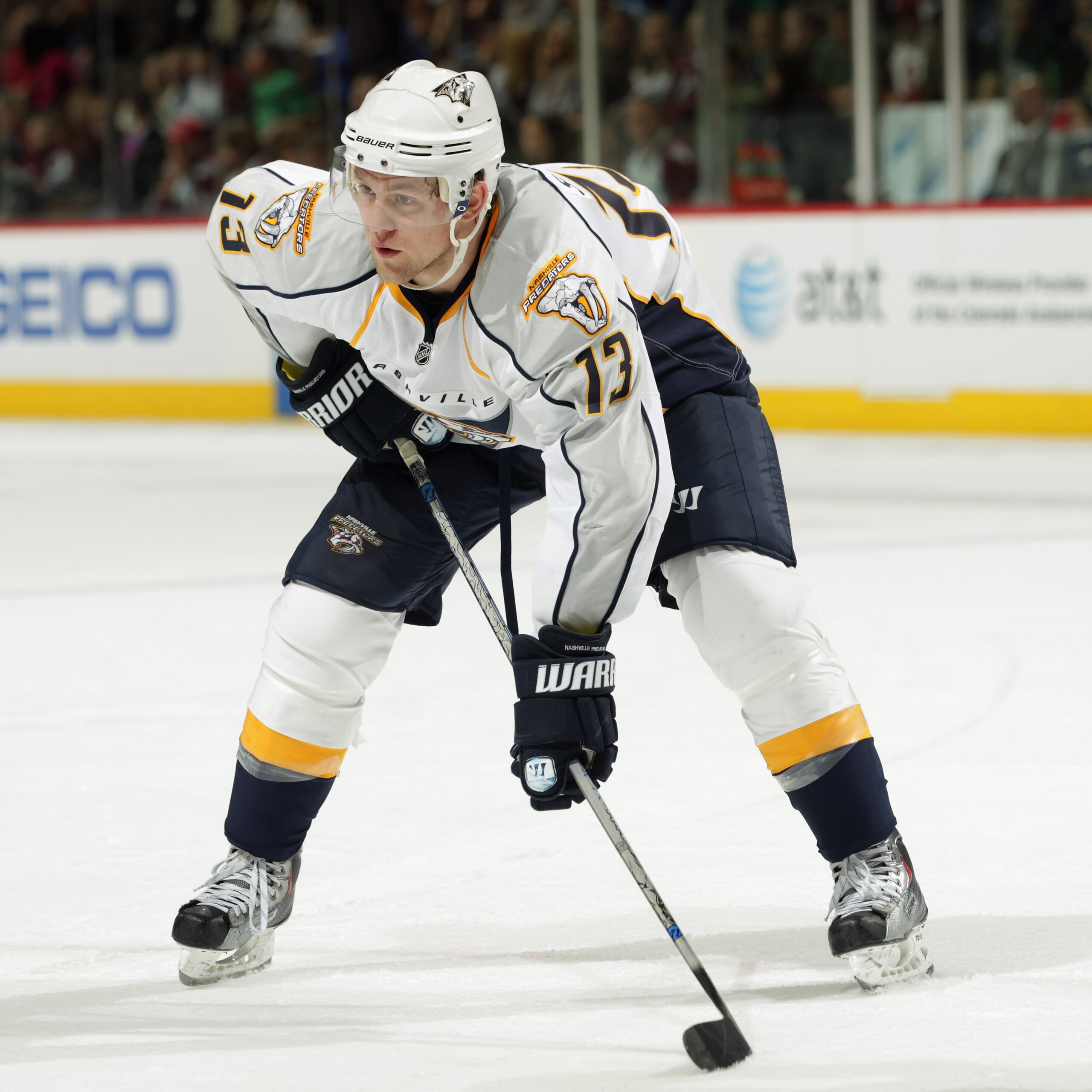 DENVER, CO - MARCH 31:  Nick Spaling #13 of the Nashville Predators awaits a face off against the Colorado Avalanche at the Pepsi Center on March 31, 2011 in Denver, Colorado. The Nashville Predators defeated the Colorado Avalanche 3-2.  (Photo by Doug Pe