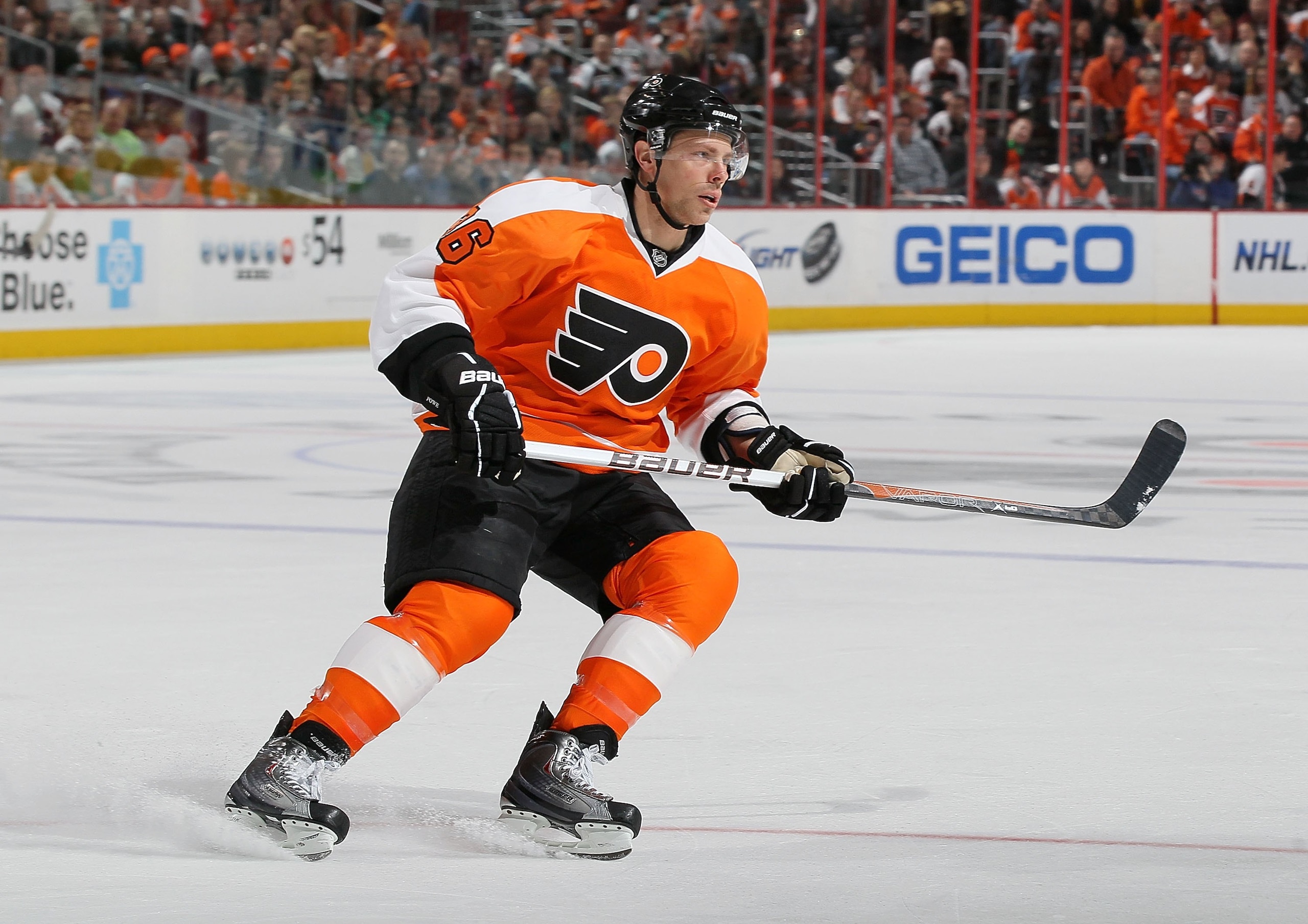 PHILADELPHIA, PA - MARCH 12: Darroll Powe #36 of the Philadelphia Flyers skates against the Atlanta Thrashers on March 12, 2011 at Wells Fargo Center in Philadelphia, Pennsylvania.  (Photo by Jim McIsaac/Getty Images)