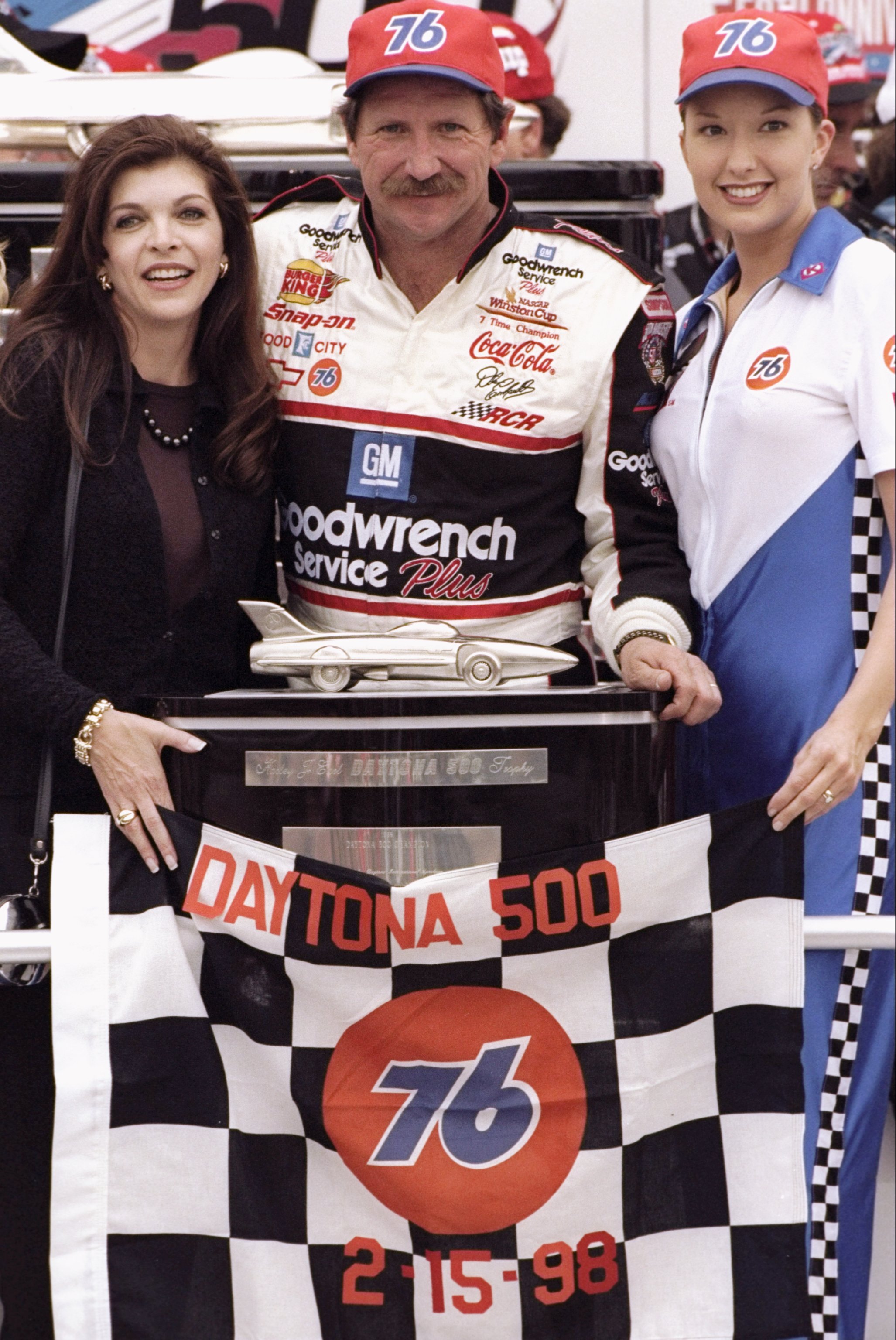 DAYTONA BEACH - FEBRUARY 15: Dale Earnhardt Sr. driver of the #3 GM Goodwrench Chevrolet celebrates with his wife Teresa after winning the Daytona 500 on February 15, 1998 at Daytona International Speedway in Daytona Beach, Florida. (Photo by David Taylor
