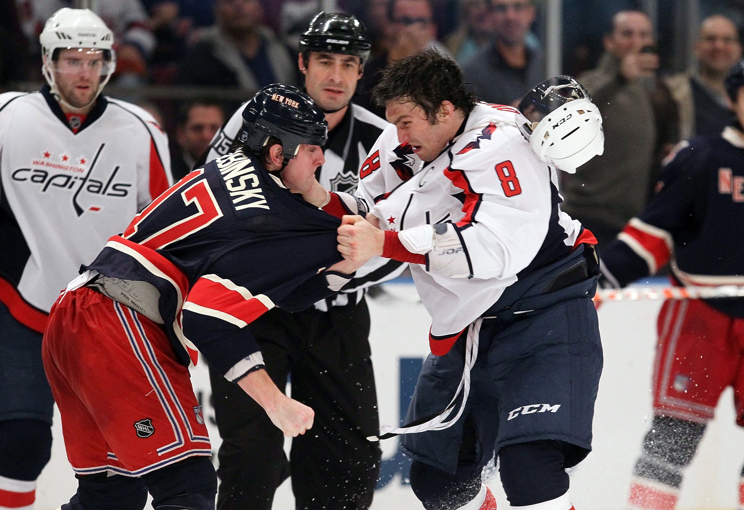 NEW YORK, NY - DECEMBER 12: Alex Ovechkin #8 of the Washington Capitals trades punches during the second period against Brandon Dubinsky #17 of the New York Rangers on December 12, 2010 at Madison Square Garden in New York City. (Photo by Jim McIsaac/Ge NEW YORK, NY - DECEMBER 12: Alex Ovechkin #8 of the Washington Capitals trades punches during the second period against Brandon Dubinsky #17 of the New York Rangers on December 12, 2010 at Madison Square Garden in New York City. (Photo by Jim McIsaac/Ge
