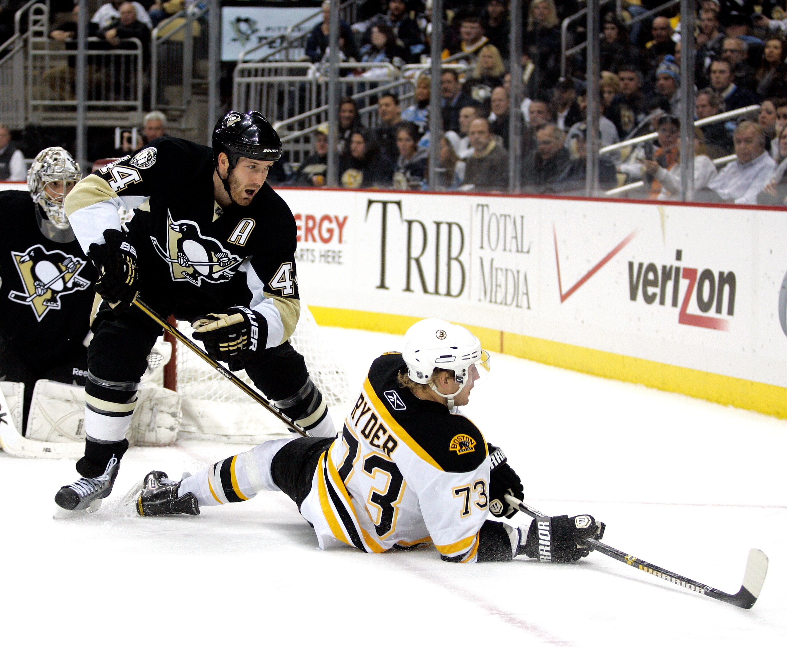 PITTSBURGH, PA - JANUARY 10: Brooks Orpik #44 of the Pittsburgh Penguins defends against Michael Ryder #73 of the Boston Bruins on January 10, 2011 at Consol Energy Center in Pittsburgh, Pennsylvania. (Photo by Justin K. Aller/Getty Images) PITTSBURGH, PA - JANUARY 10: Brooks Orpik #44 of the Pittsburgh Penguins defends against Michael Ryder #73 of the Boston Bruins on January 10, 2011 at Consol Energy Center in Pittsburgh, Pennsylvania. (Photo by Justin K. Aller/Getty Images)