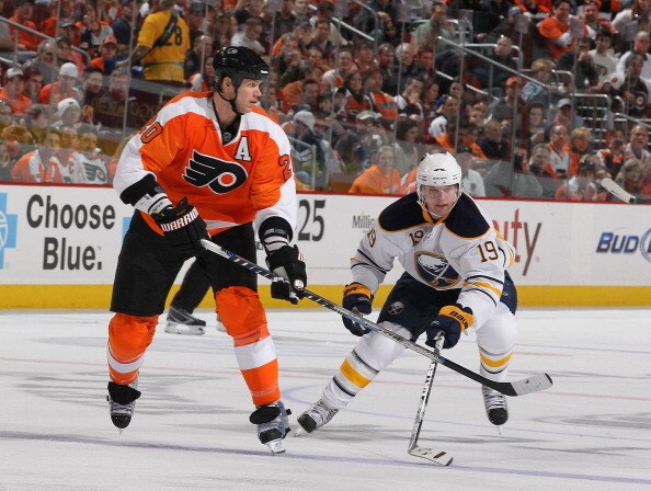 PHILADELPHIA - MARCH 05:  Tim Connolly #19 of the Buffalo Sabres and Chris Pronger #20 of The Philadelphia Flyers during their game on March 5, 2011 at The Wells Fargo Center in Philadelphia, Pennsylvania.  (Photo by Al Bello/Getty Images)