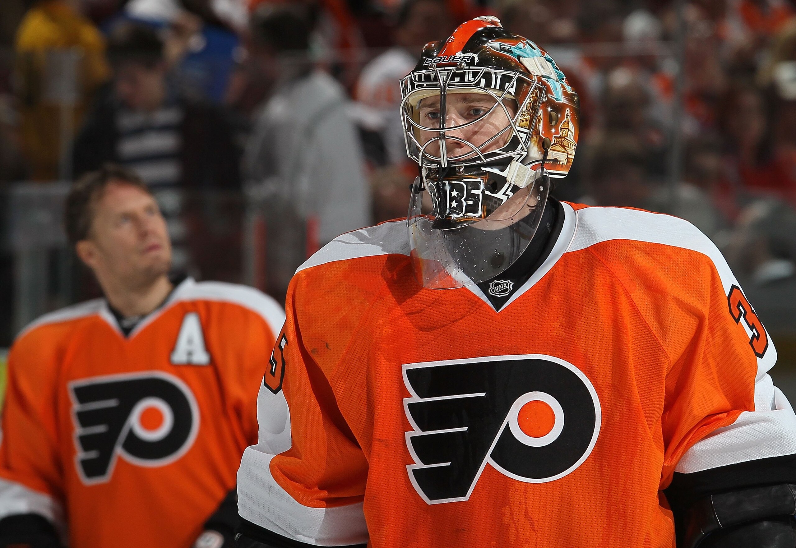 PHILADELPHIA, PA - MARCH 12:  Sergei Bobrovsky #35 of the Philadelphia Flyers in action against the Atlanta Thrashers on March 12, 2011 at Wells Fargo Center in Philadelphia, Pennsylvania.  (Photo by Jim McIsaac/Getty Images)