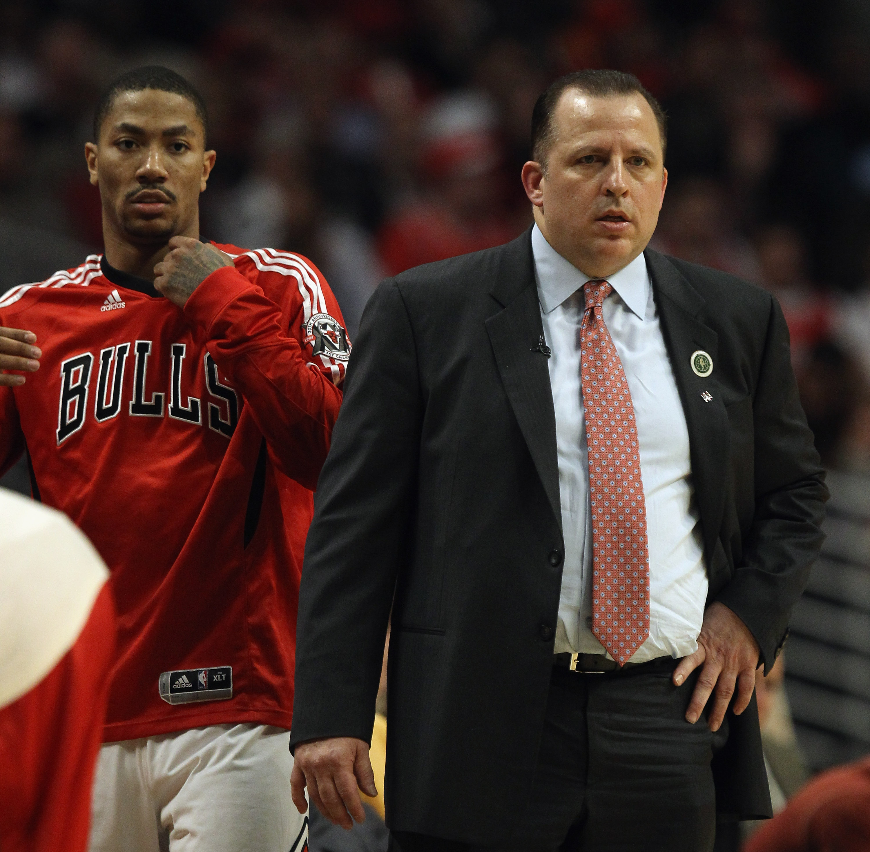 CHICAGO, IL - APRIL 07: Head coach Tom Thibodeau of the Chicago Bulls watches his team as Derrick Rose #1 moves to re-enter a game against the Boston Celtics at United Center on April 7, 2011 in Chicago, Illinois. The Bulls defeated the Celtics 97-81. NOT