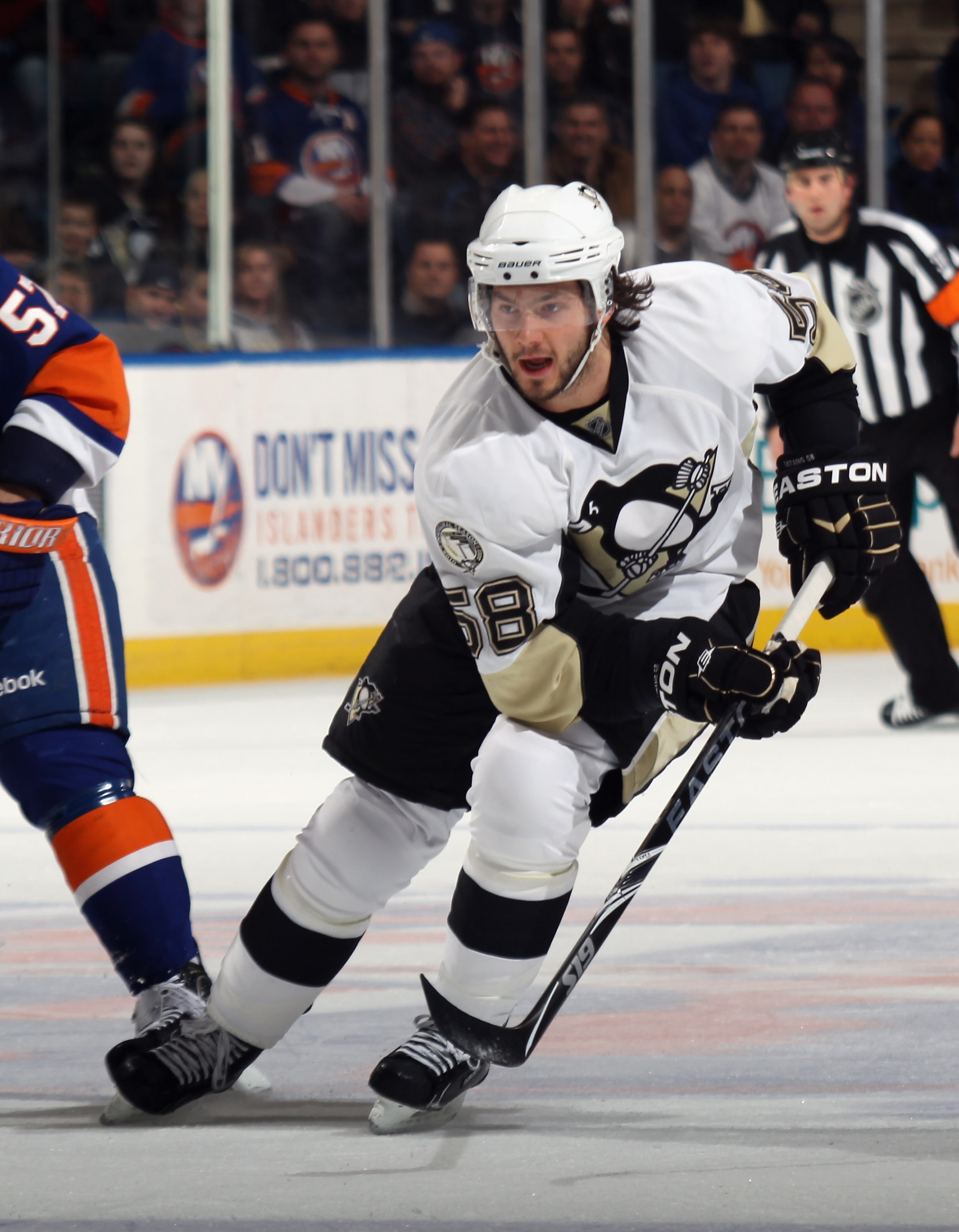 UNIONDALE, NY - APRIL 08: Kris Letang #58 of the Pittsburgh Penguins skates against the New York Islanders at the Nassau Coliseum on April 8, 2011 in Uniondale, New York. (Photo by Bruce Bennett/Getty Images) UNIONDALE, NY - APRIL 08: Kris Letang #58 of the Pittsburgh Penguins skates against the New York Islanders at the Nassau Coliseum on April 8, 2011 in Uniondale, New York. (Photo by Bruce Bennett/Getty Images)
