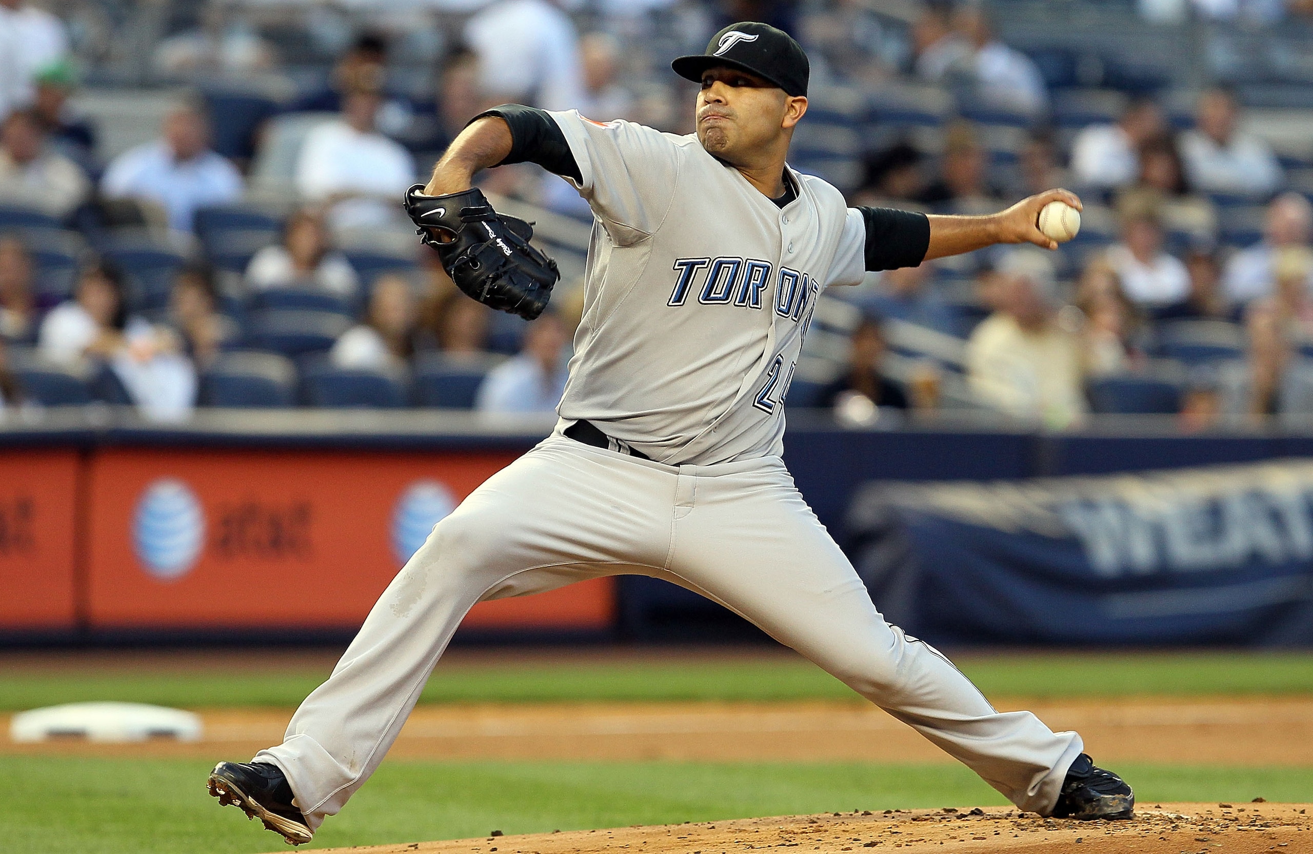 NEW YORK - AUGUST 03:  Ricky Romero #24 of the Toronto Blue Jays delivers a pitch against the New York Yankees on August 3, 2010 at Yankee Stadium in the Bronx borough of New York City.  (Photo by Jim McIsaac/Getty Images)