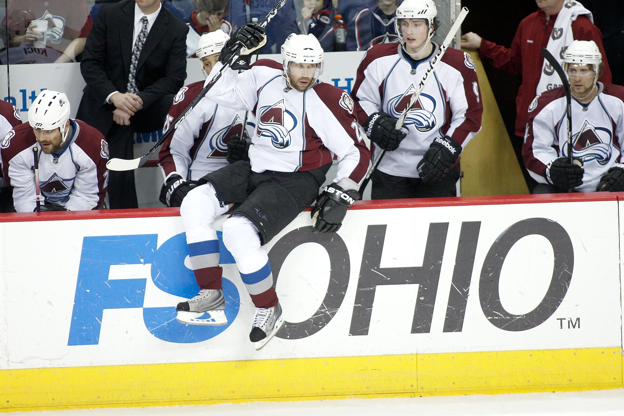 COLUMBUS, OH - FEBRUARY 11:  Peter Forsberg #21 of the Colorado Avalanche jumps over the boards to start a shift during the third period against the Columbus Blue Jackets on February 11, 2011 at Nationwide Arena in Columbus, Ohio. Columbus defeated Colora