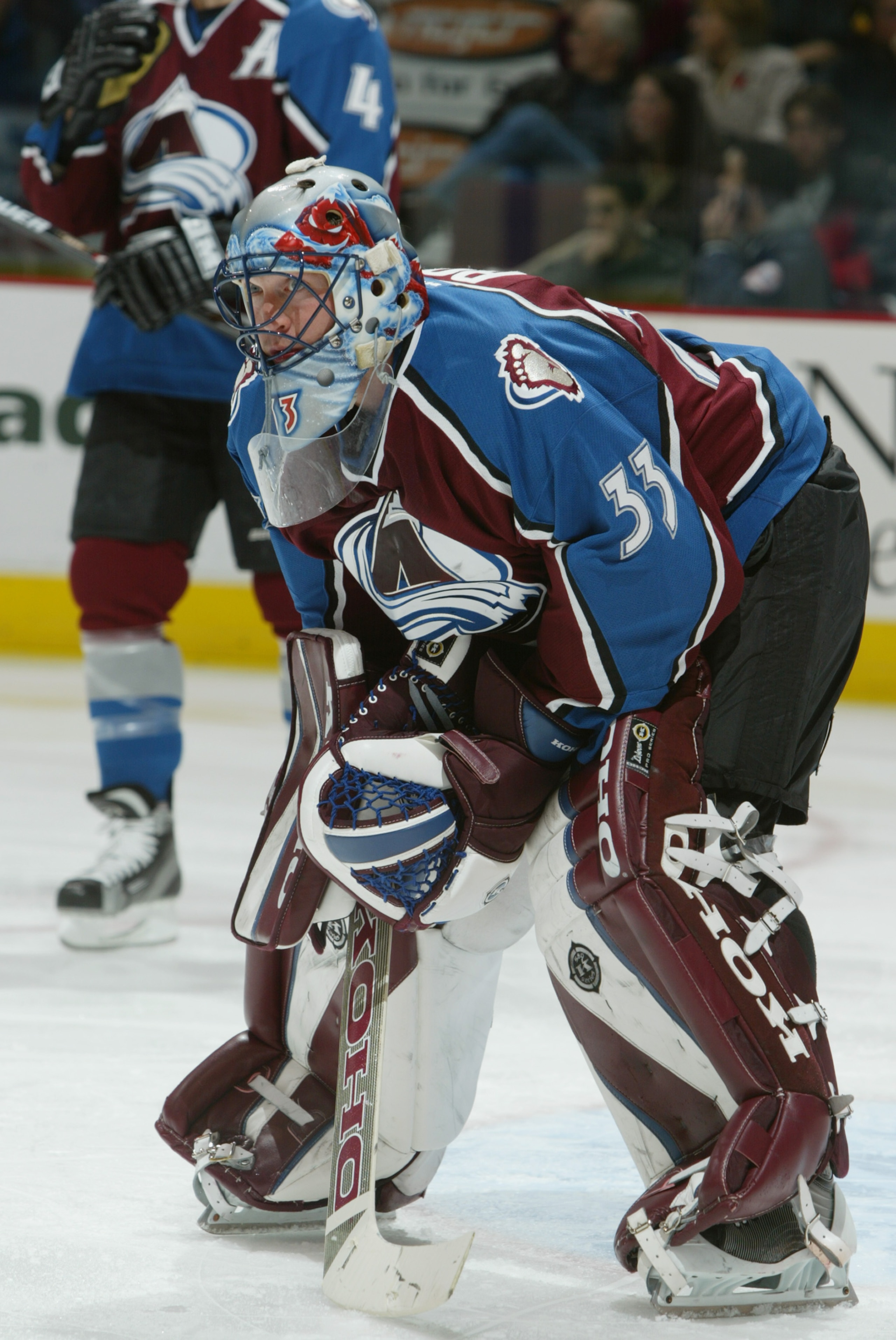 VANCOUVER - OCTOBER 31:  Goaltender Patrick Roy #33 of the Colorado Avalanche looks on against the Vancouver Canucks during the NHL game on October 31, 2002 at General Motors Place in Vancouver, British Columbia.  The Avalanche defeated the Canucks 5-1.  