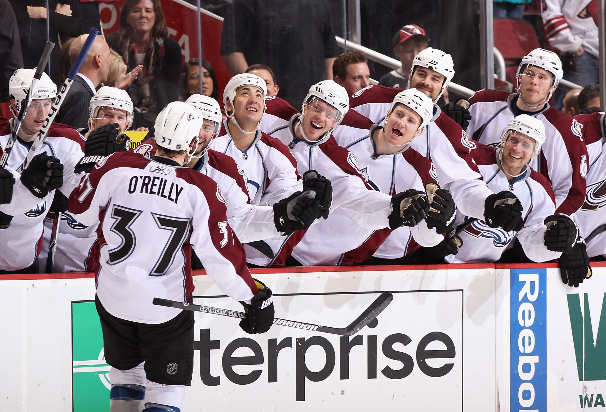 GLENDALE, AZ - APRIL 01:  Ryan O'Reilly #37 of the Colorado Avalanche celebrates with teammates on the bench after scoring a shoot out goal against the Phoenix Coyotes during the NHL game at Jobing.com Arena on April 1, 2011 in Glendale, Arizona. The Aval