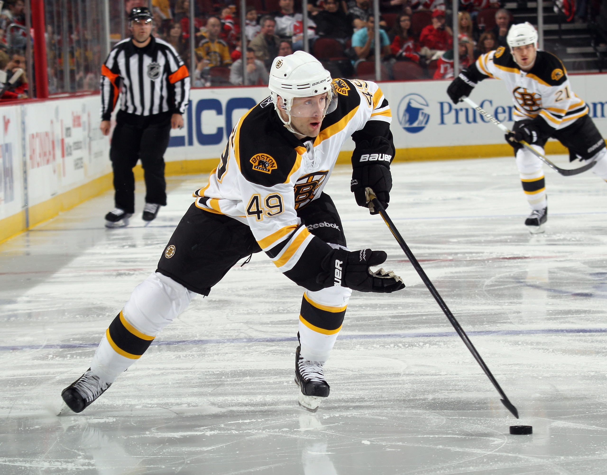 NEWARK, NJ - APRIL 10: Rich Peverley #49 of the Boston Bruins skates against the New Jersey Devils at the Prudential Center on April 10, 2011 in Newark, New Jersey. (Photo by Bruce Bennett/Getty Images) NEWARK, NJ - APRIL 10: Rich Peverley #49 of the Boston Bruins skates against the New Jersey Devils at the Prudential Center on April 10, 2011 in Newark, New Jersey. (Photo by Bruce Bennett/Getty Images)