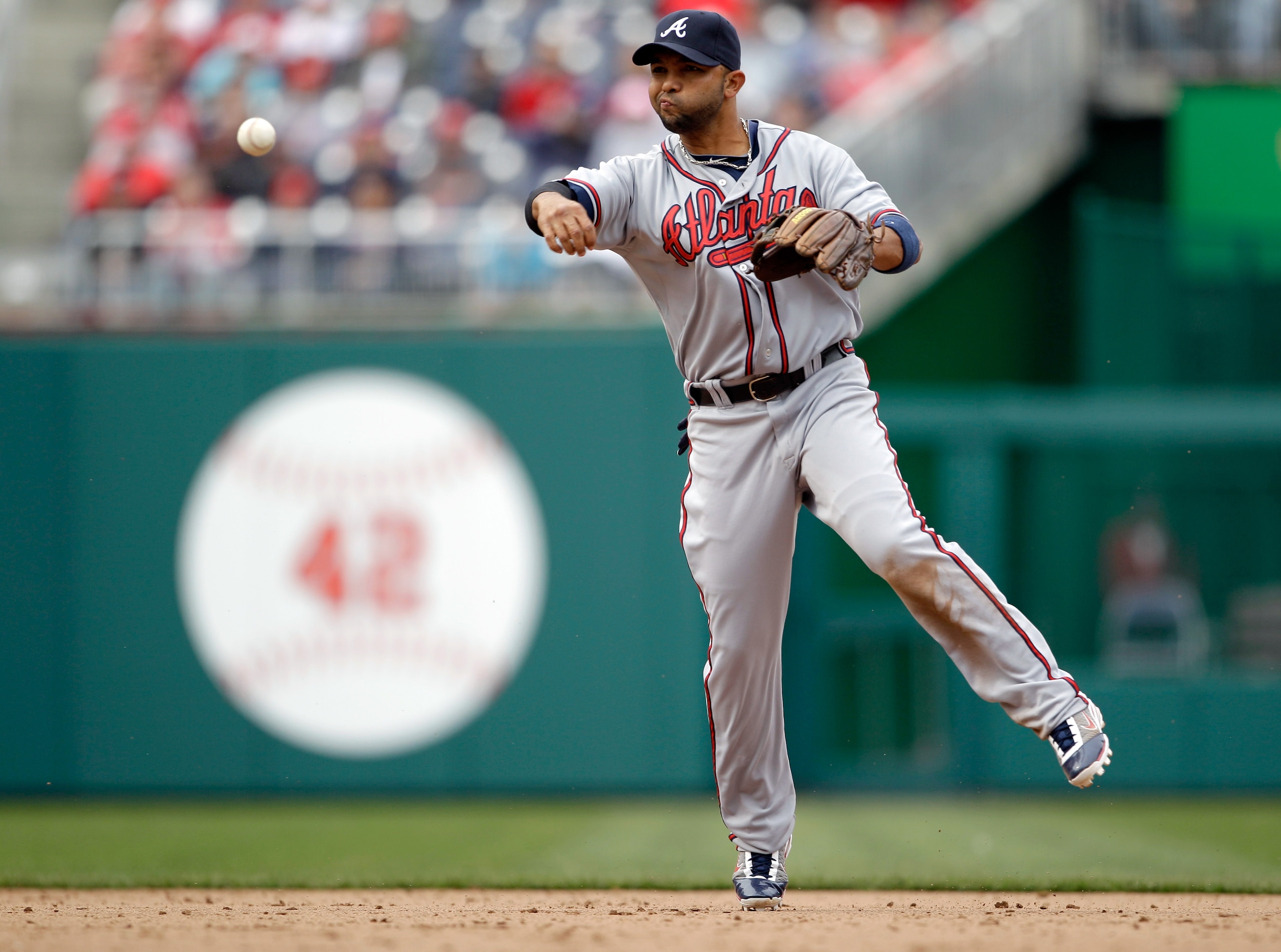 WASHINGTON, DC - APRIL 03: Second baseman Martin Prado #14 of the Atlanta Braves against the Washington Nationals at Nationals Park on April 3, 2011 in Washington, DC.  (Photo by Rob Carr/Getty Images)