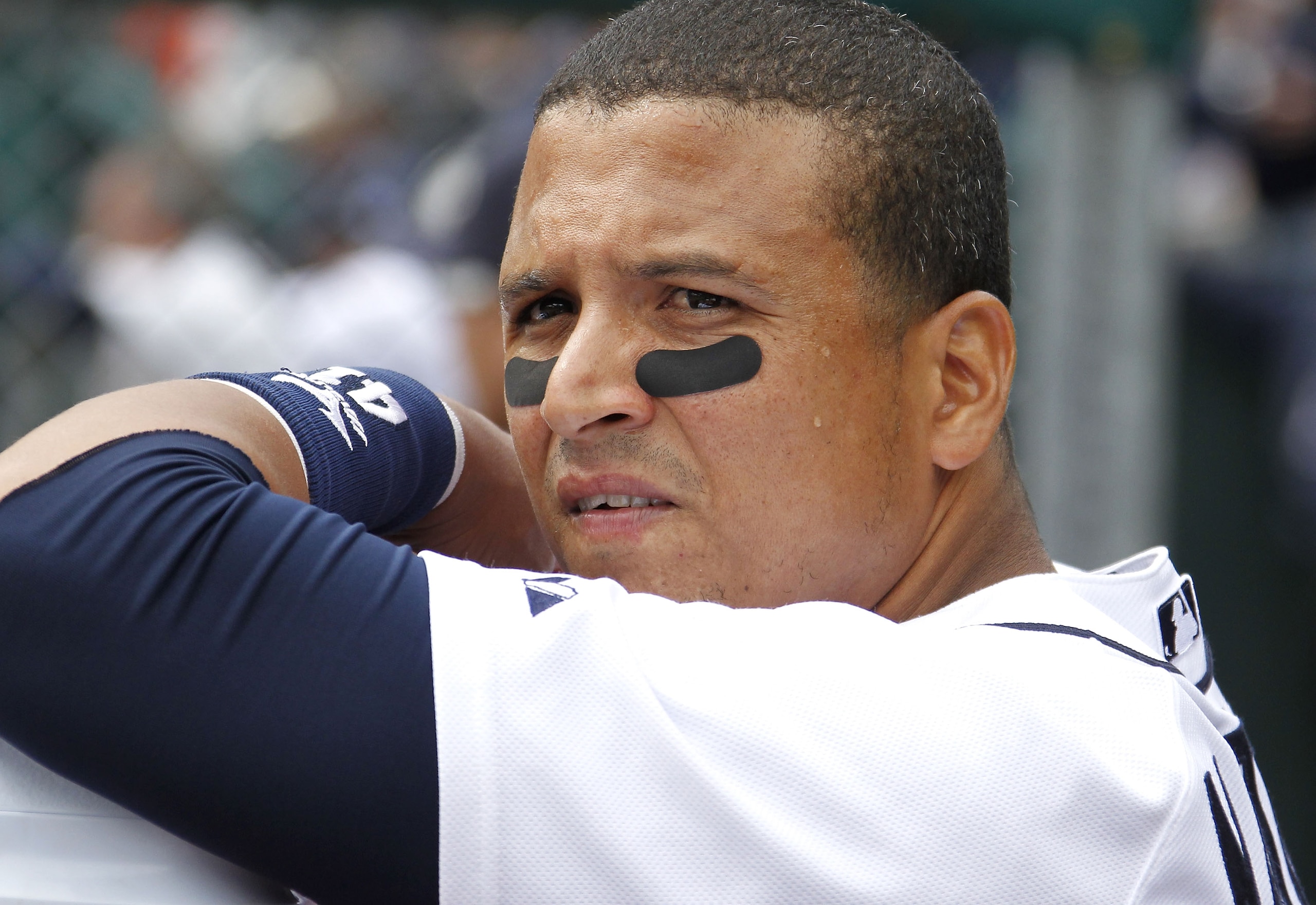 DETROIT, MI - APRIL 11:  Victor Martinez #41 of the Detroit Tigers looks on while playing the Texas Rangers at Comerica Park on April 11, 2011 in Detroit, Michigan. Texas won the game 2-0. (Photo by Gregory Shamus/Getty Images)